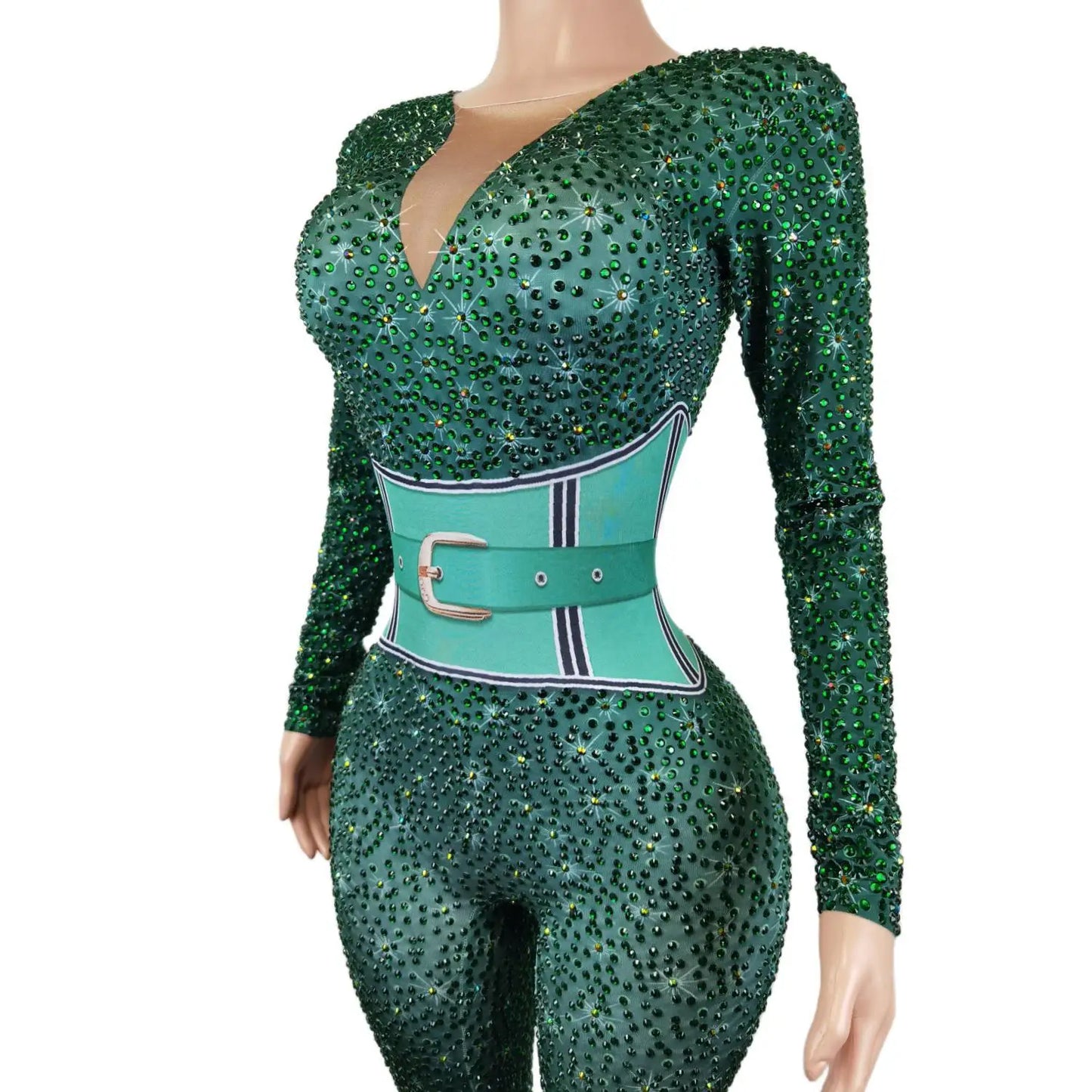 Mono Mujer Belt Print Spandex Bodysuit Stripper Outfit Dancer Leotards One Piece Rompers Women Sexy Party Rhinestone Jumpsuits