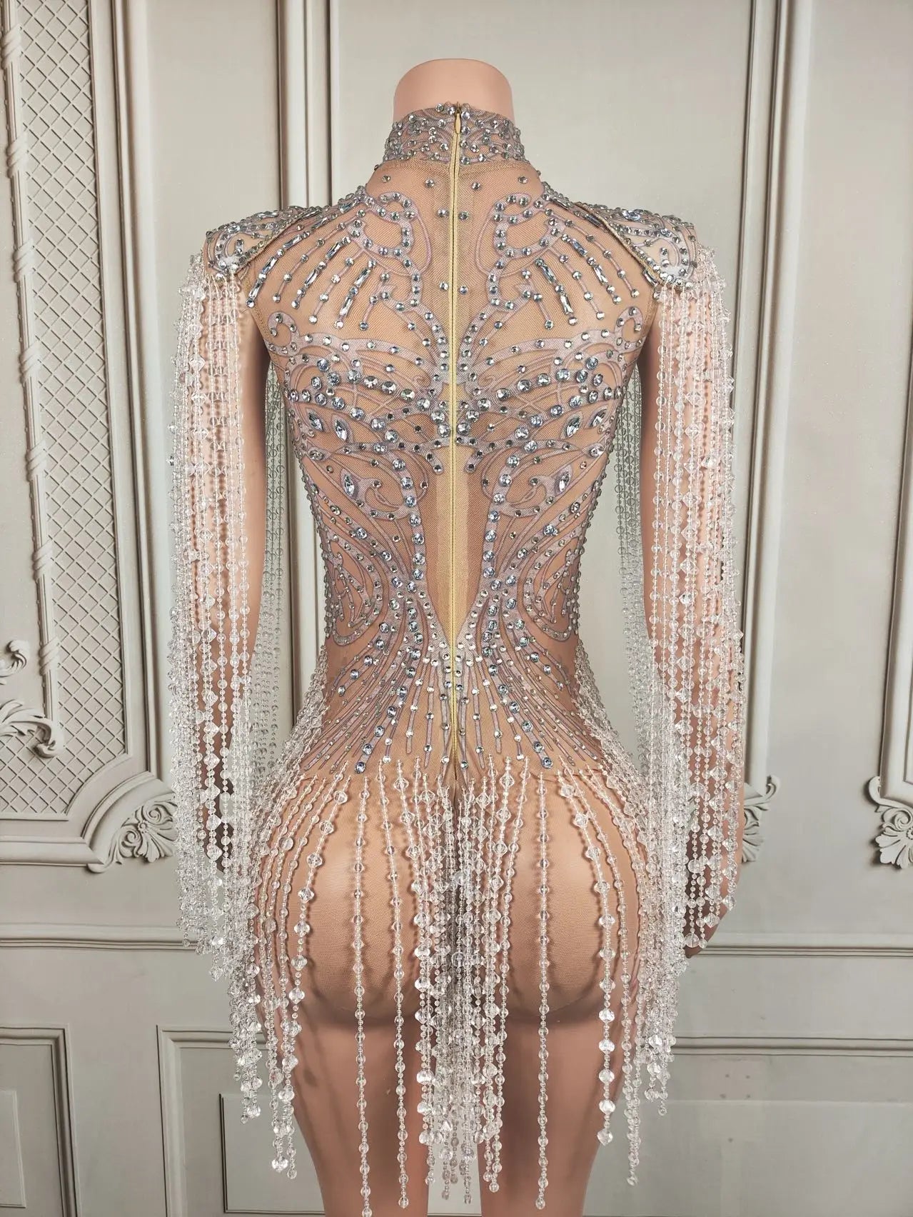 Fancy Crystals Tassel Bodysuit Luxury Sexy See Through Mesh Leotard Nightclub Event Party Show Stage Performance Wear Hanshuang