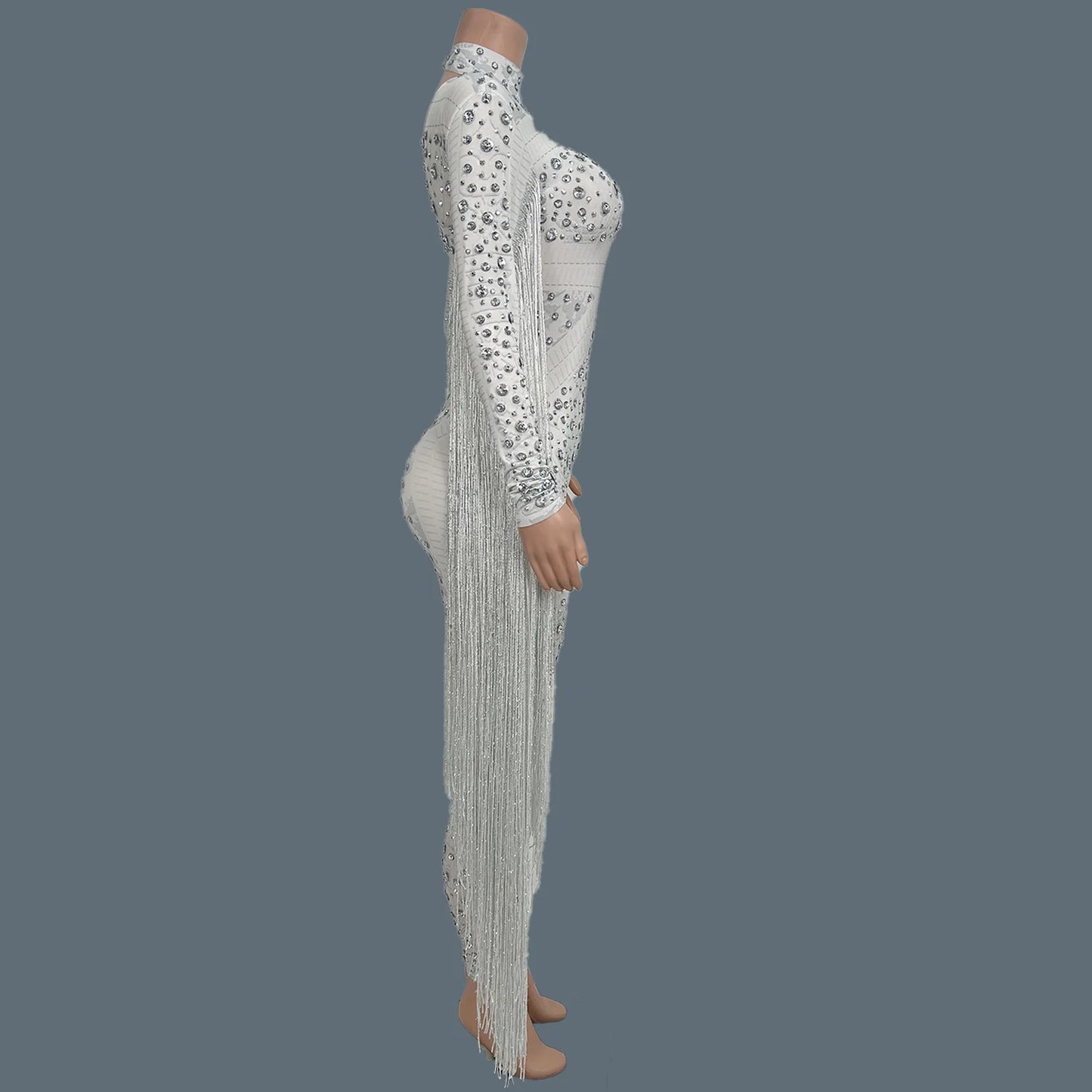 Women Sexy Spandex Tight Fitting Jumpsuit Sparkly Crystals Tassel Jumpsuit Nightclub Celebrate Bar Performance Outfit Guoqing