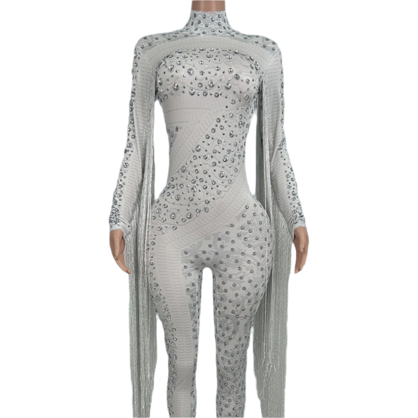 Women Sexy Spandex Tight Fitting Jumpsuit Sparkly Crystals Tassel Jumpsuit Nightclub Celebrate Bar Performance Outfit Guoqing