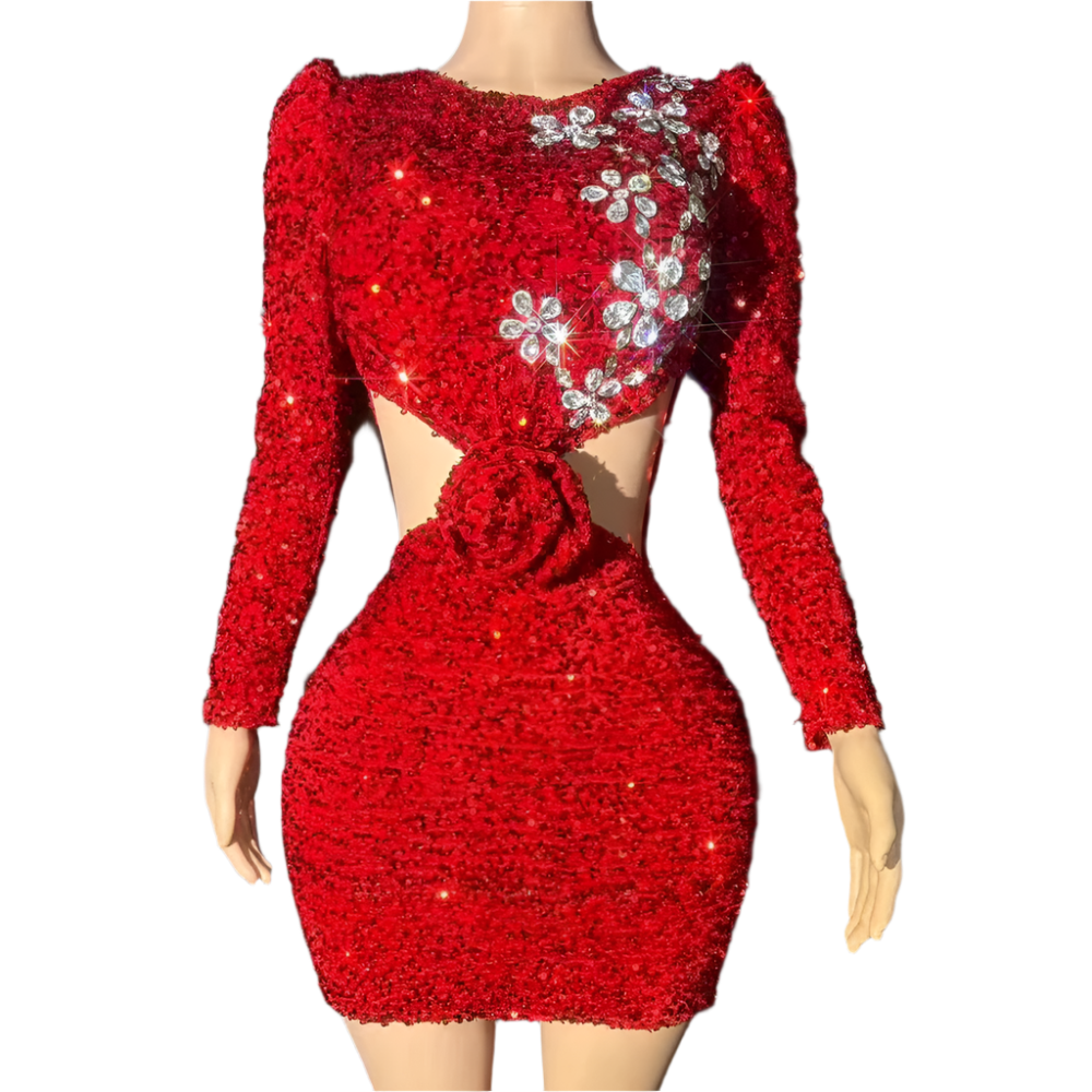Sparkly Red Sequins Rhinestones Short Dress Women Sexy Stage Hollow Waist Party Evening Celebrate Birthday Dress Festival Gowns