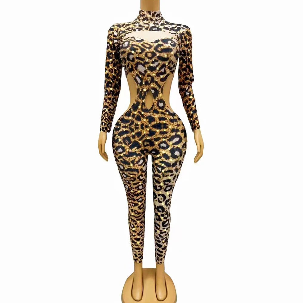 Sexy Stage Leopard Gold Rhinestones Bodysuit Spandex Hollow Waist Jumpsuit Outfit Birthday Party Dance Photoshoot Collections
