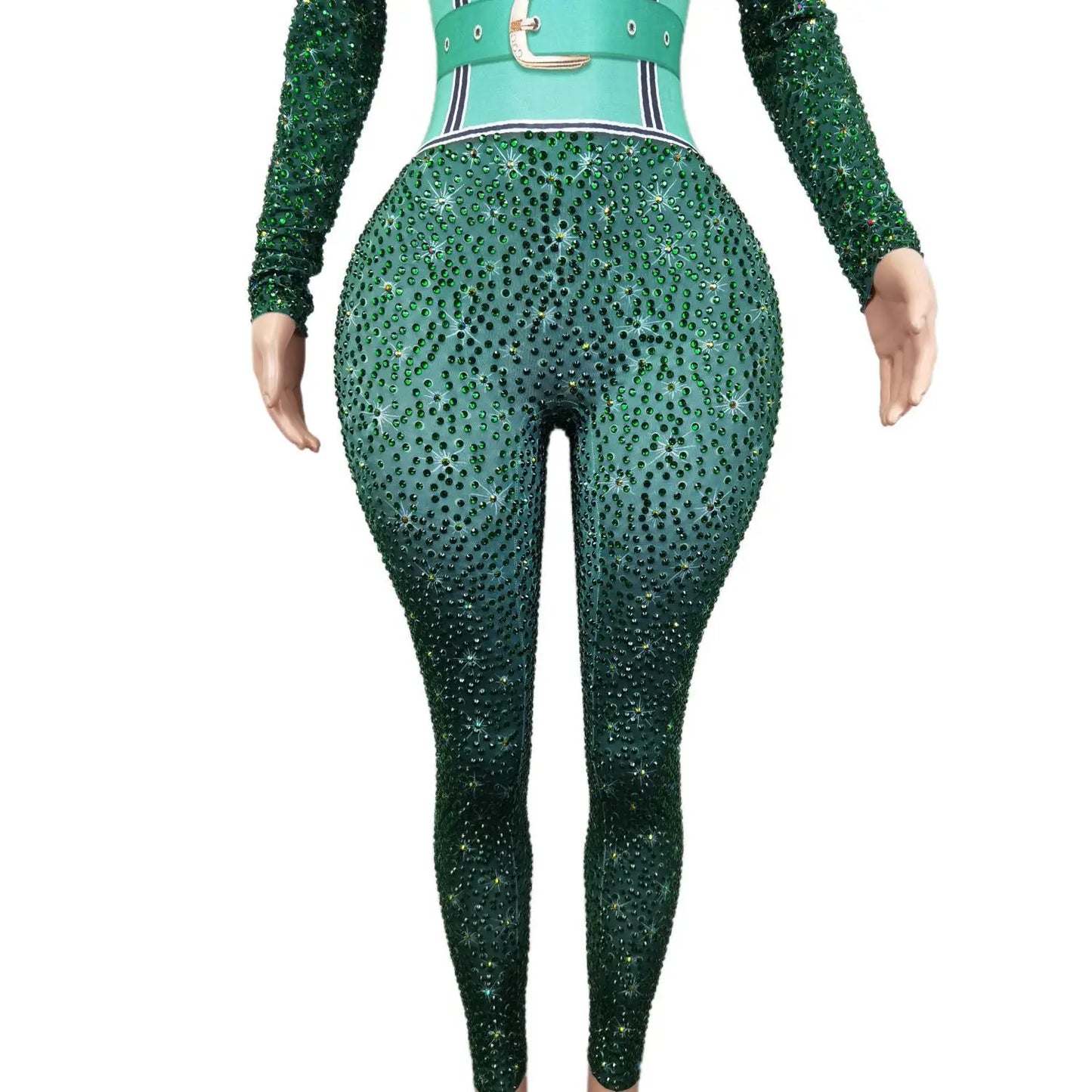 Mono Mujer Belt Print Spandex Bodysuit Stripper Outfit Dancer Leotards One Piece Rompers Women Sexy Party Rhinestone Jumpsuits