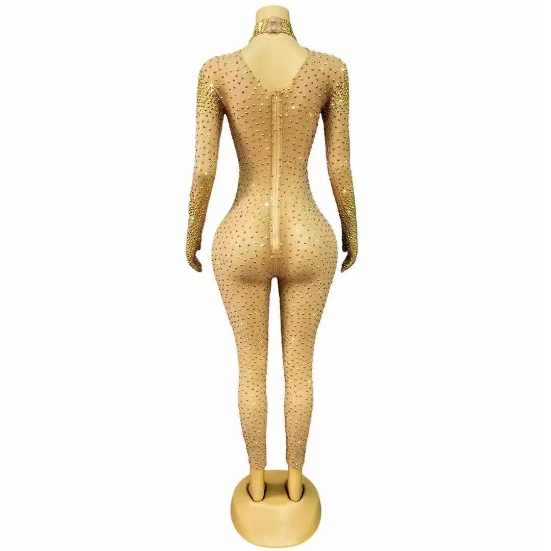 Luxury Gold Sparkly Full Rhinestones Handmade Bodysuit Birthday Party Show Fashion Outit Singer Dancer Performance Stage Wear