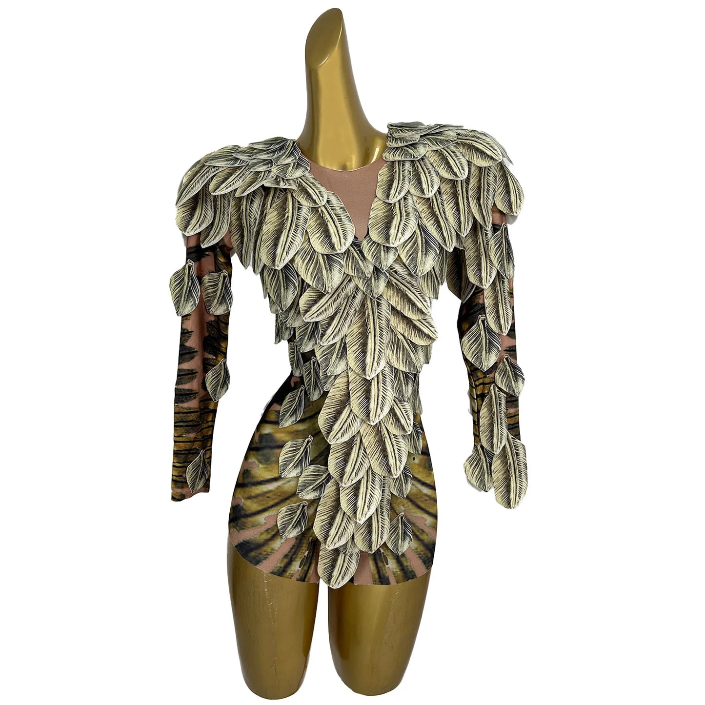 Spandex Feather Print Tight Fitting Elastic Bodysuit Night Party Outfit Festival Celebrate Stage Performance Catsuit gig Wear