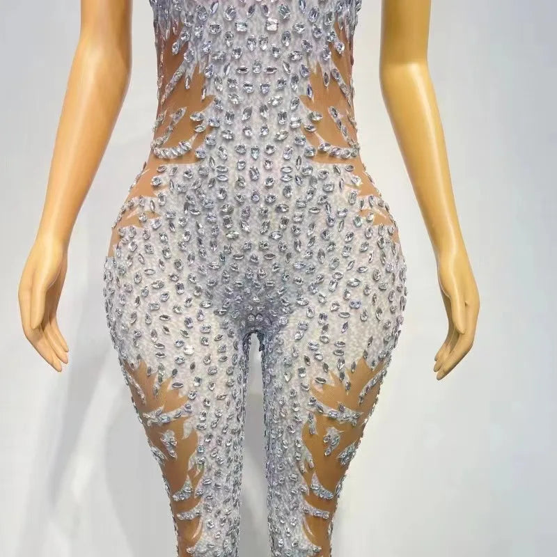 Sexy Stage Sleeveless Silver Rhinestones Mesh Transparent Jumpsuit Birthday Celebrate Evening Club Party Photo Shoot Costume