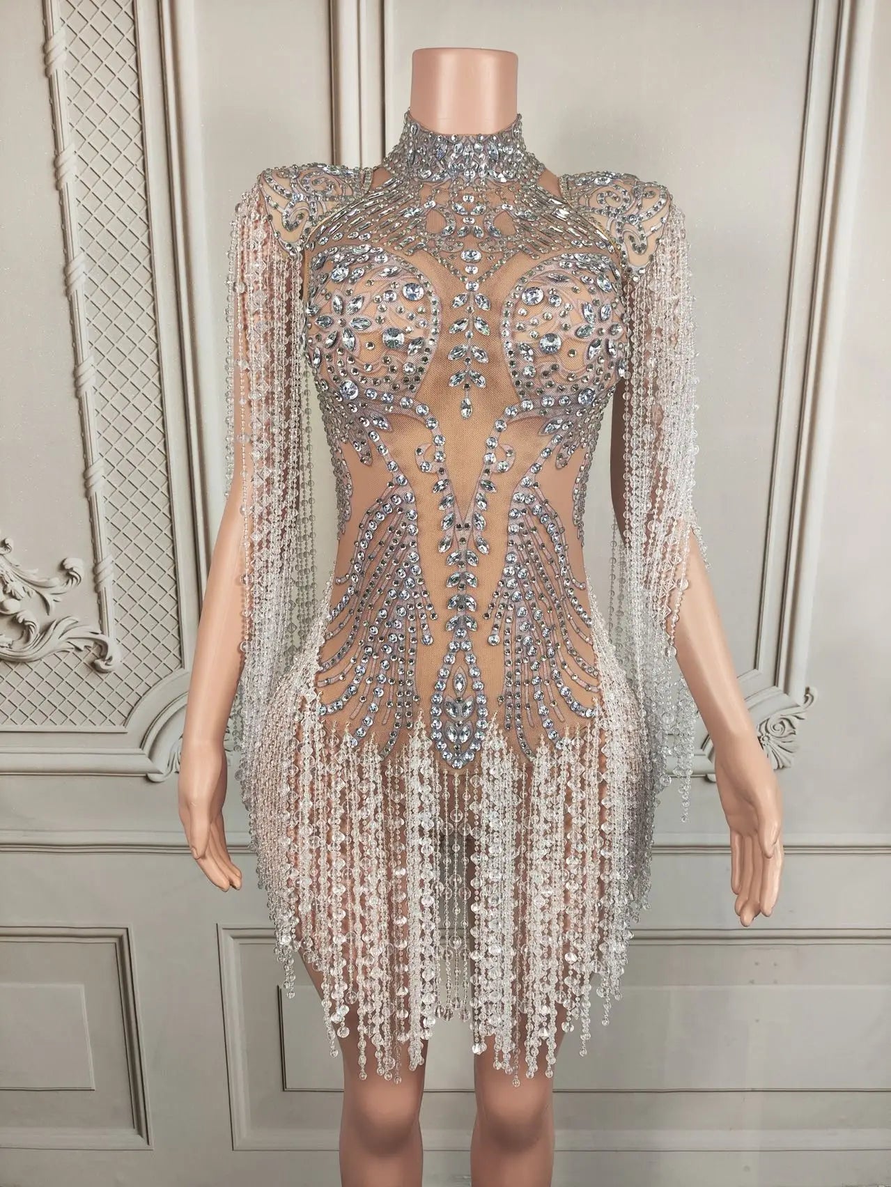 Fancy Crystals Tassel Bodysuit Luxury Sexy See Through Mesh Leotard Nightclub Event Party Show Stage Performance Wear Hanshuang