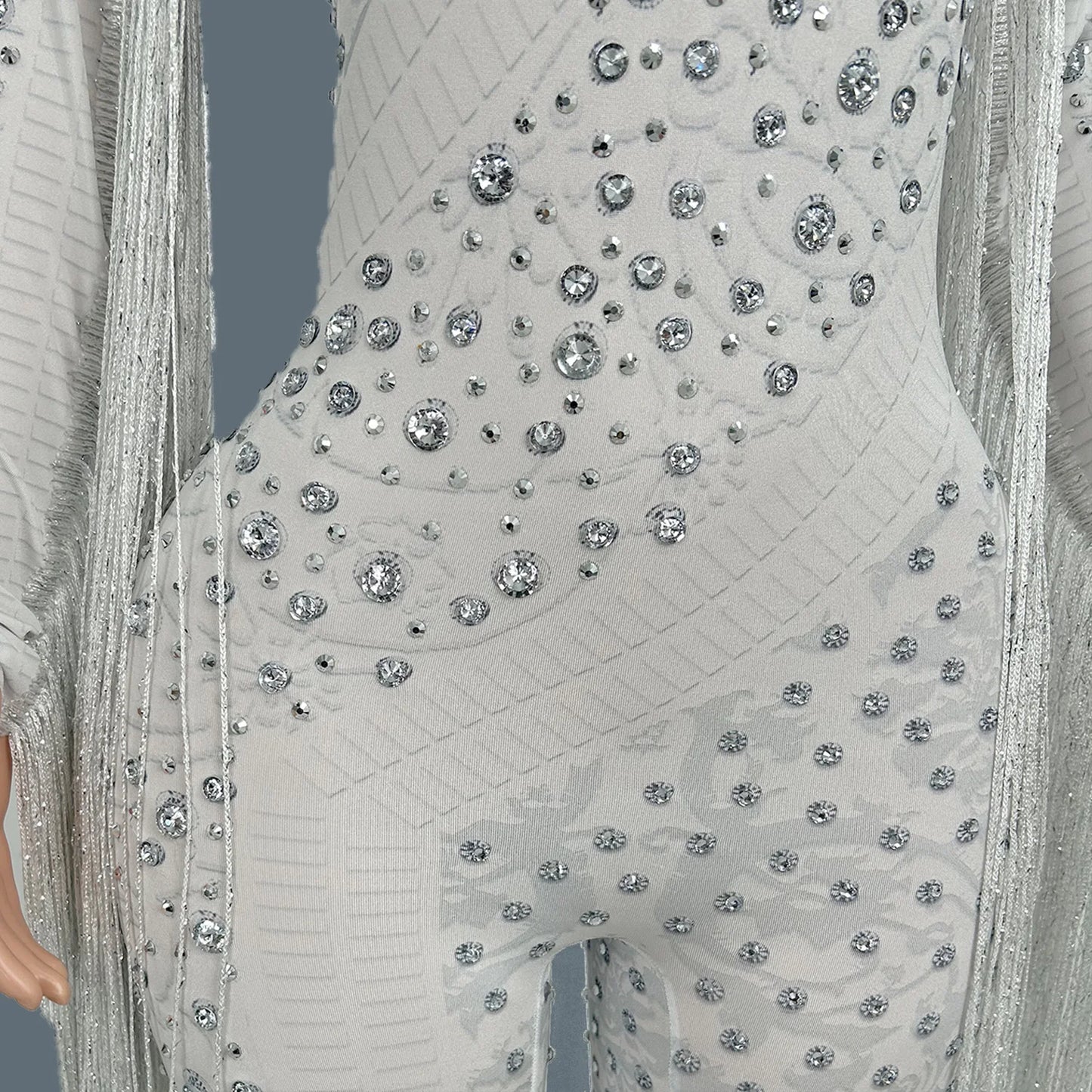Women Sexy Spandex Tight Fitting Jumpsuit Sparkly Crystals Tassel Jumpsuit Nightclub Celebrate Bar Performance Outfit Guoqing