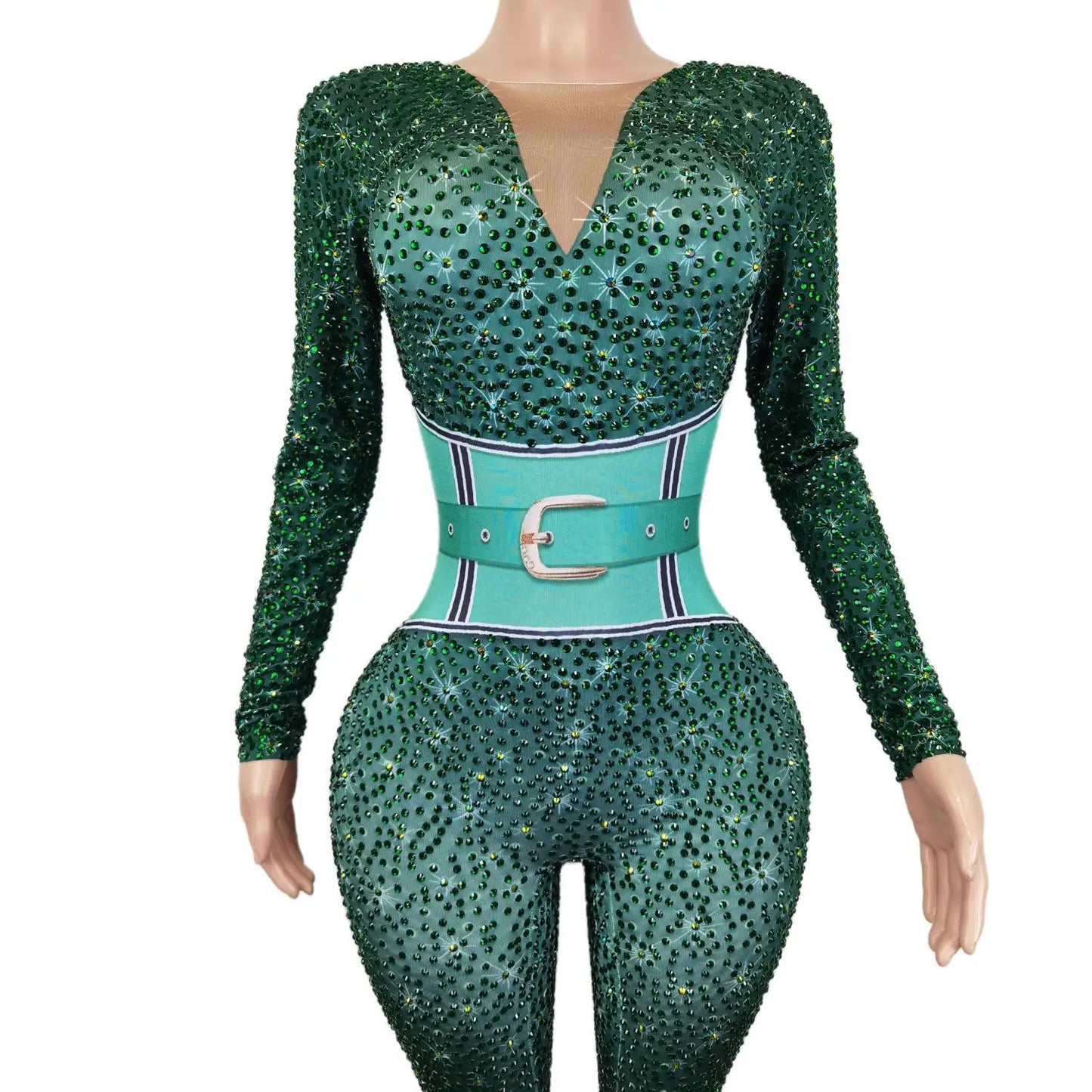 Mono Mujer Belt Print Spandex Bodysuit Stripper Outfit Dancer Leotards One Piece Rompers Women Sexy Party Rhinestone Jumpsuits