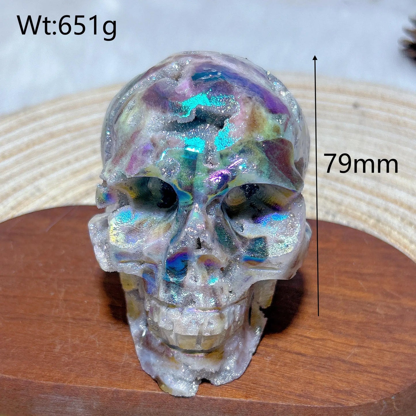 Colorful Aura Crystal Skull ā Natural Druzy Geode for Spiritual Healing & Unique Home Decoration