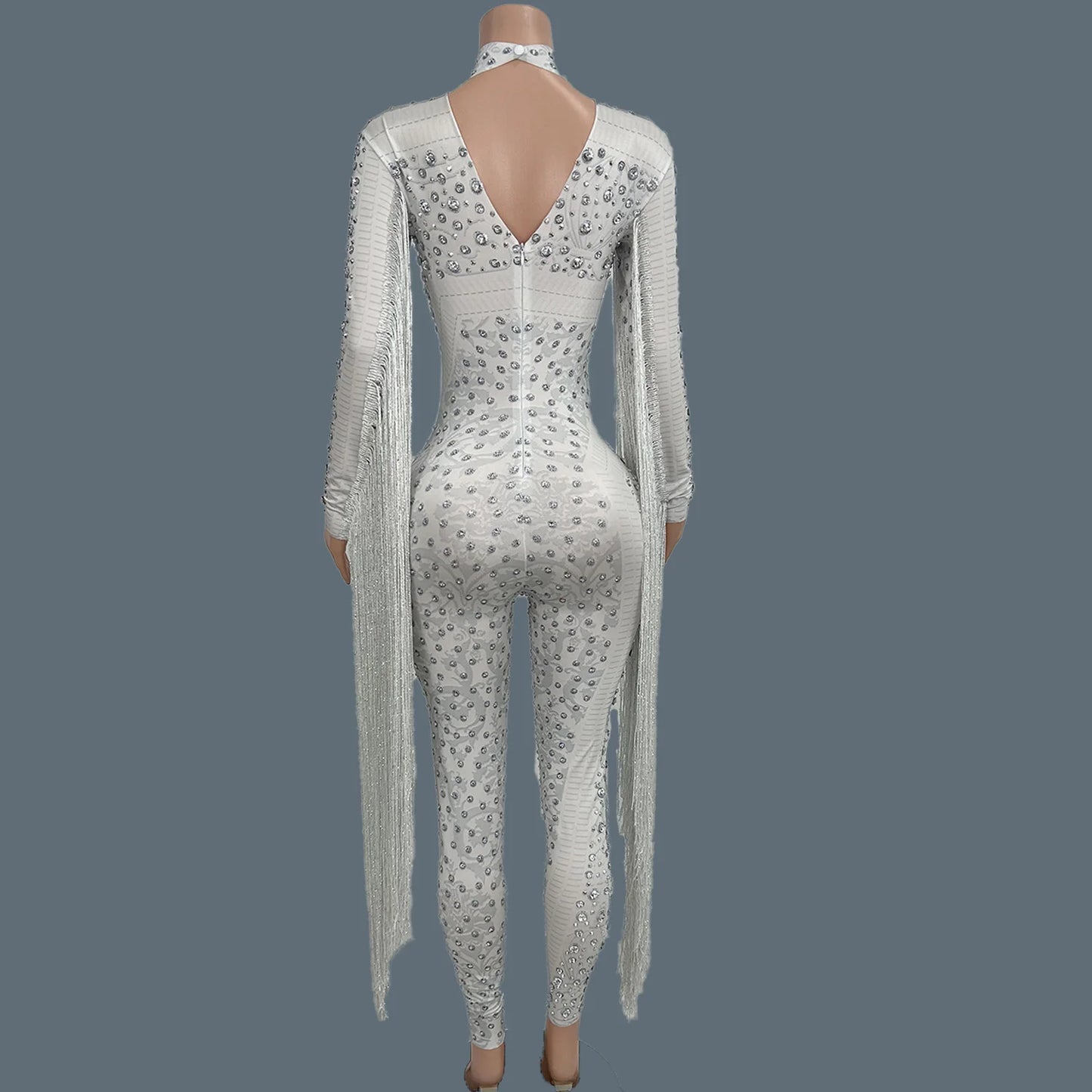 Women Sexy Spandex Tight Fitting Jumpsuit Sparkly Crystals Tassel Jumpsuit Nightclub Celebrate Bar Performance Outfit Guoqing