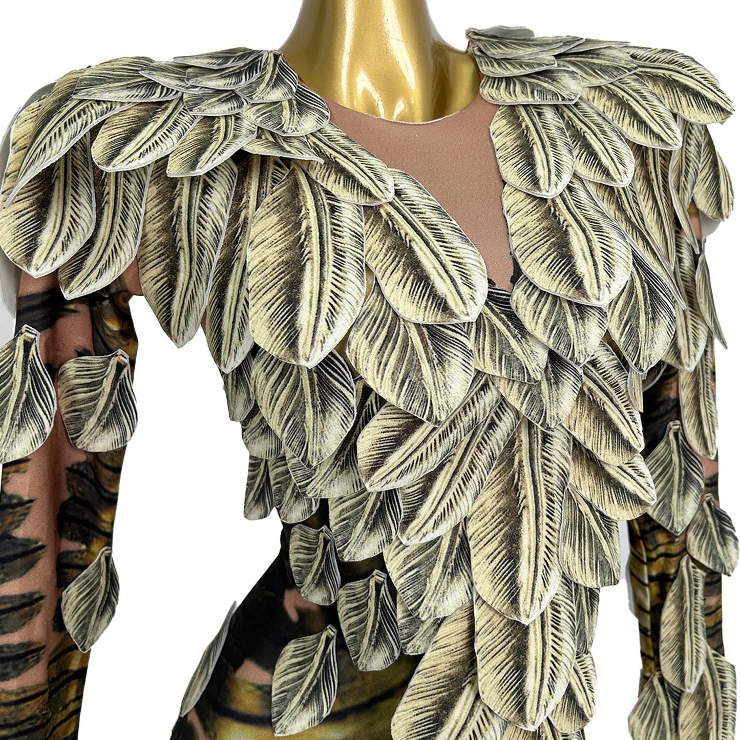 Spandex Feather Print Tight Fitting Elastic Bodysuit Night Party Outfit Festival Celebrate Stage Performance Catsuit gig Wear