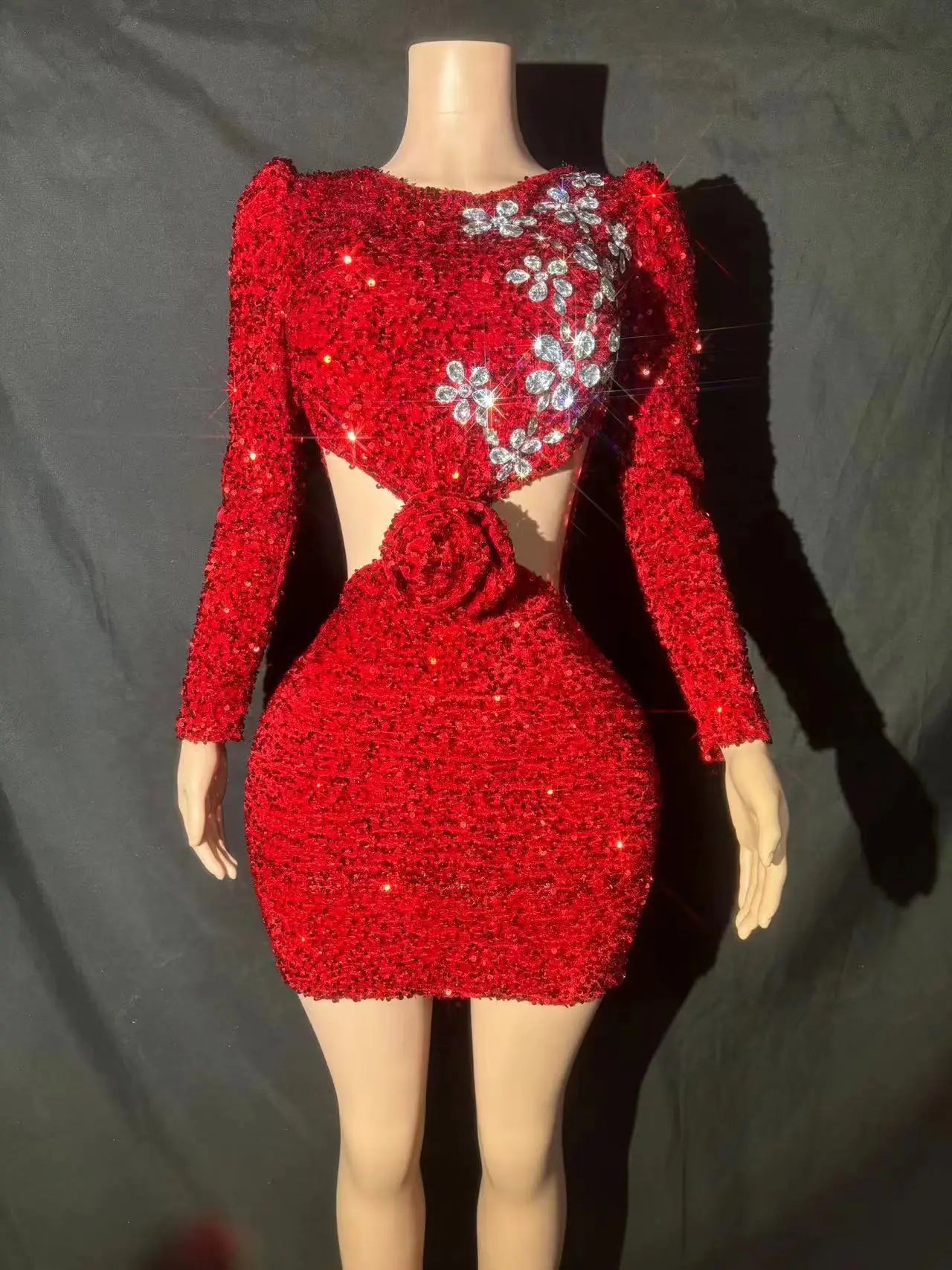 Sparkly Red Sequins Rhinestones Short Dress Women Sexy Stage Hollow Waist Party Evening Celebrate Birthday Dress Festival Gowns