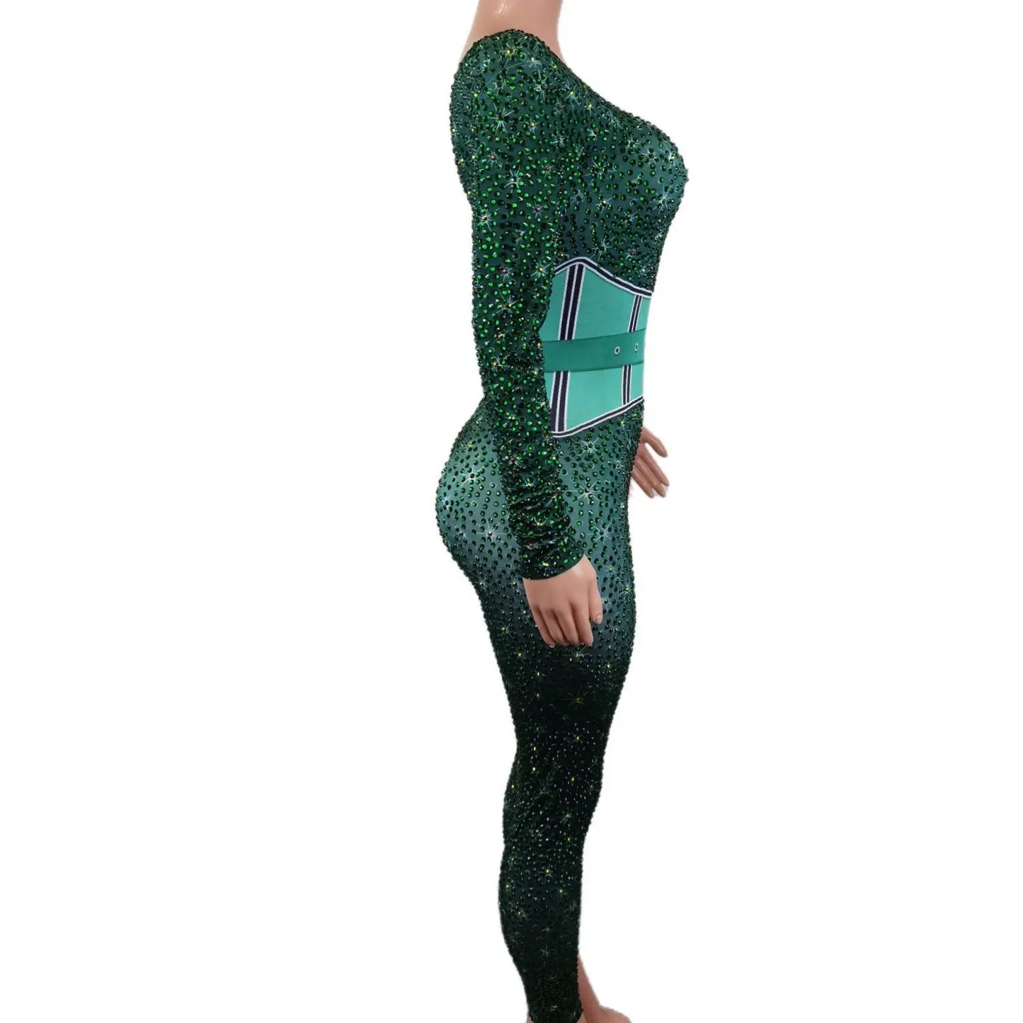 Mono Mujer Belt Print Spandex Bodysuit Stripper Outfit Dancer Leotards One Piece Rompers Women Sexy Party Rhinestone Jumpsuits