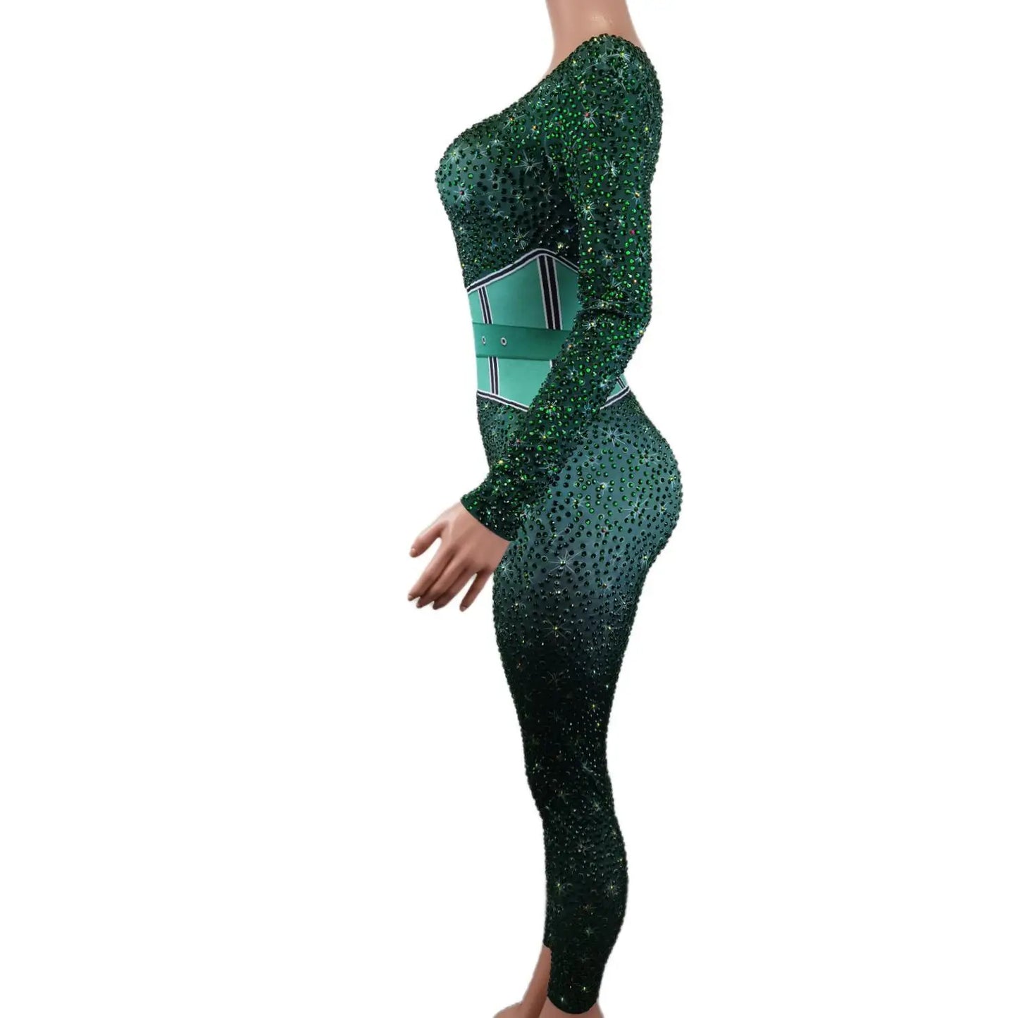 Mono Mujer Belt Print Spandex Bodysuit Stripper Outfit Dancer Leotards One Piece Rompers Women Sexy Party Rhinestone Jumpsuits