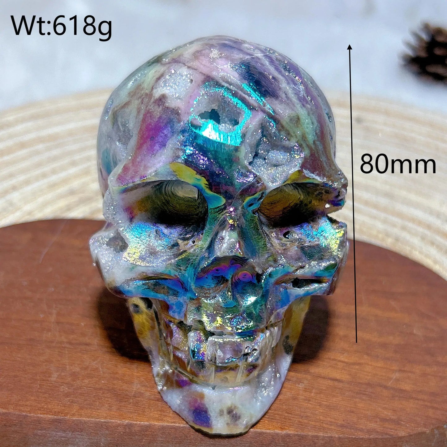 Colorful Aura Crystal Skull ā Natural Druzy Geode for Spiritual Healing & Unique Home Decoration
