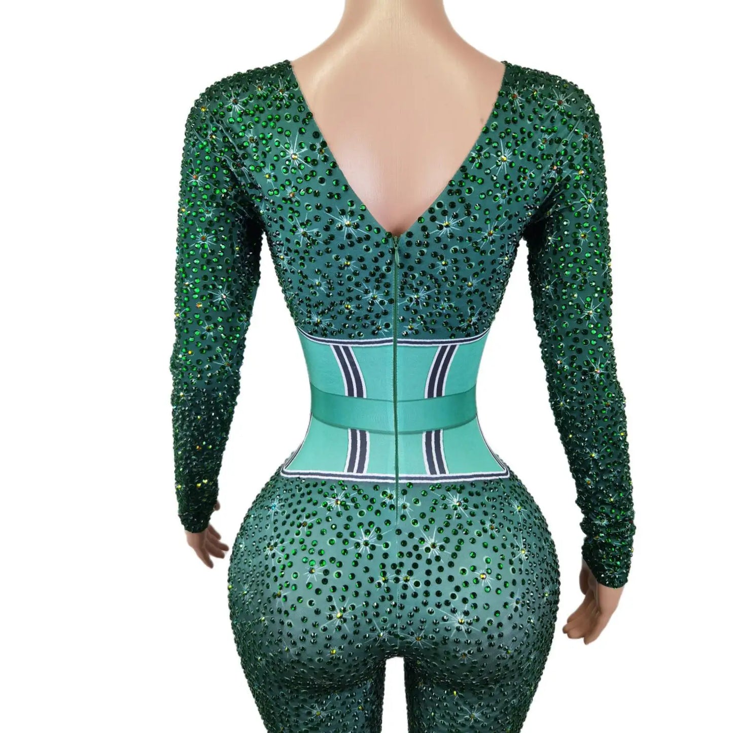 Mono Mujer Belt Print Spandex Bodysuit Stripper Outfit Dancer Leotards One Piece Rompers Women Sexy Party Rhinestone Jumpsuits