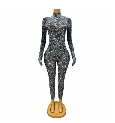 Luxury Gold Sparkly Full Rhinestones Handmade Bodysuit Birthday Party Show Fashion Outit Singer Dancer Performance Stage Wear