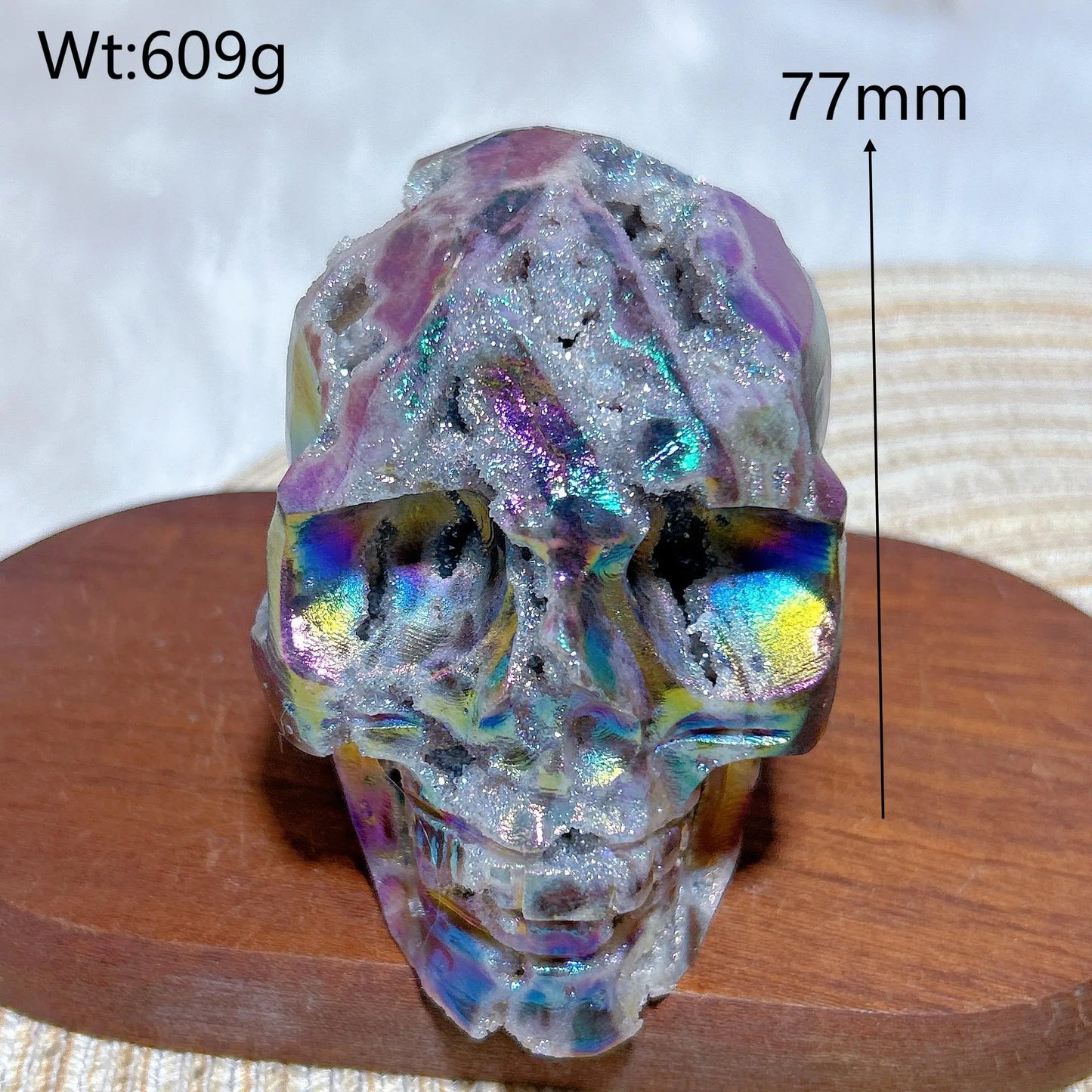 Colorful Aura Crystal Skull ā Natural Druzy Geode for Spiritual Healing & Unique Home Decoration