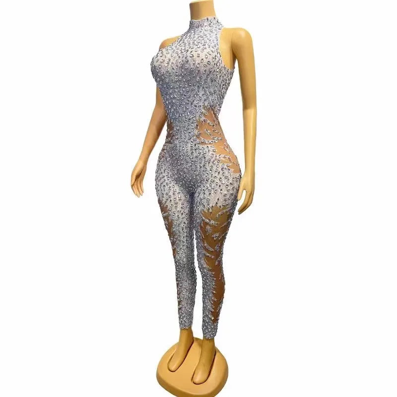 Sexy Stage Sleeveless Silver Rhinestones Mesh Transparent Jumpsuit Birthday Celebrate Evening Club Party Photo Shoot Costume