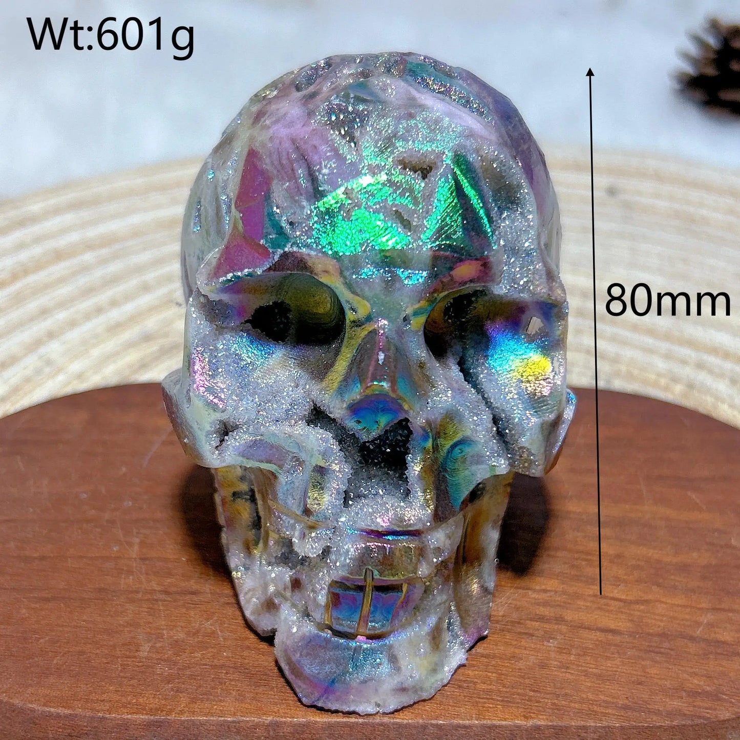 Colorful Aura Crystal Skull ā Natural Druzy Geode for Spiritual Healing & Unique Home Decoration