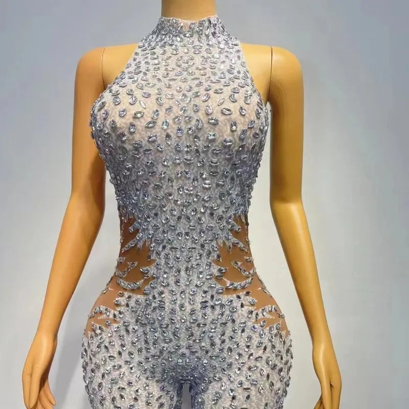 Sexy Stage Sleeveless Silver Rhinestones Mesh Transparent Jumpsuit Birthday Celebrate Evening Club Party Photo Shoot Costume