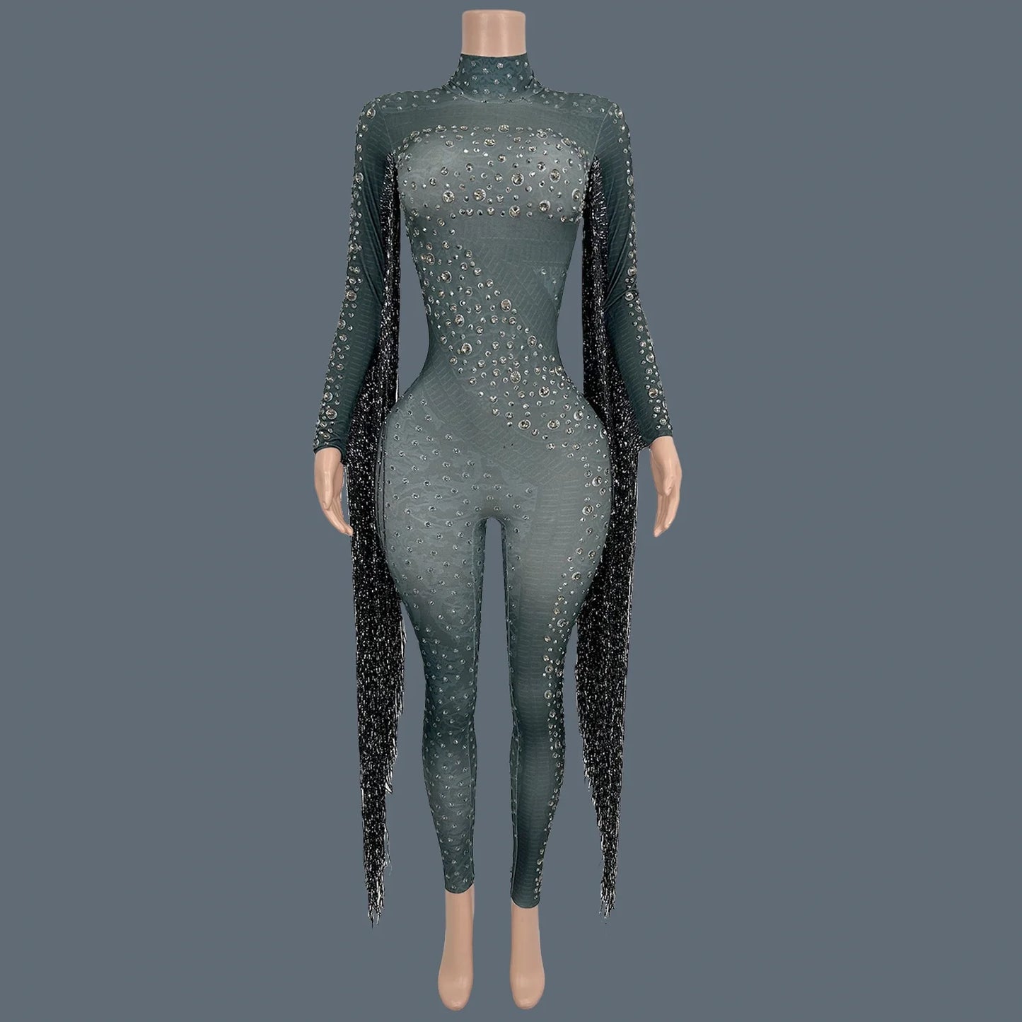 Women Sexy Spandex Tight Fitting Jumpsuit Sparkly Crystals Tassel Jumpsuit Nightclub Celebrate Bar Performance Outfit Guoqing