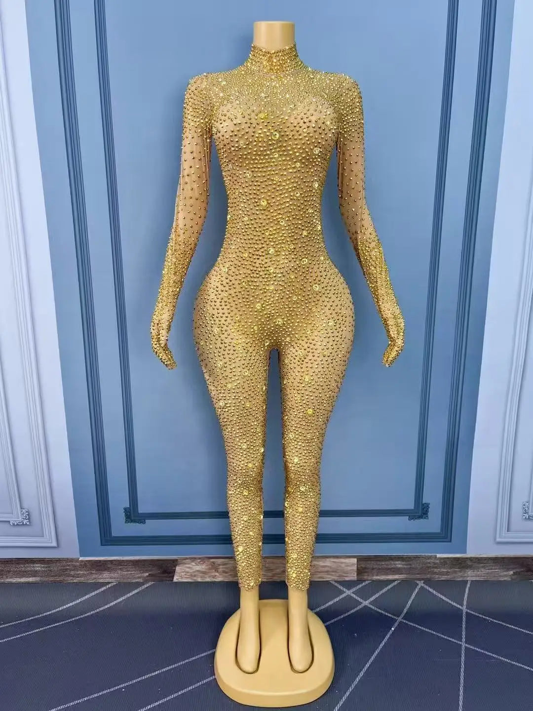 Luxury Gold Sparkly Full Rhinestones Handmade Bodysuit Birthday Party Show Fashion Outit Singer Dancer Performance Stage Wear