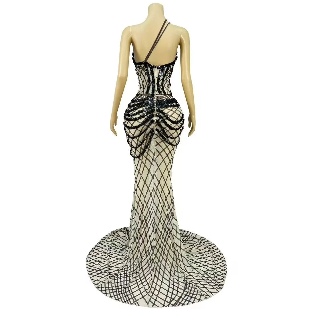 Sexy High-end Sparkly Rhinestones Sequins Supenders Mesh Trailing dress Women Evening Prom Gown Show Red carpet Stage Gowns