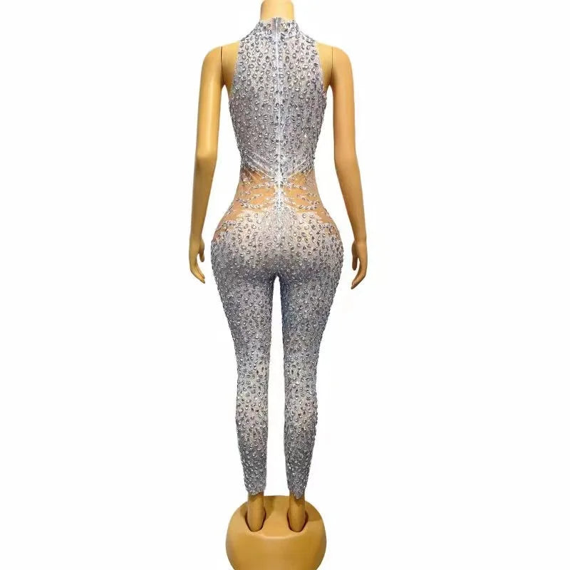 Sexy Stage Sleeveless Silver Rhinestones Mesh Transparent Jumpsuit Birthday Celebrate Evening Club Party Photo Shoot Costume