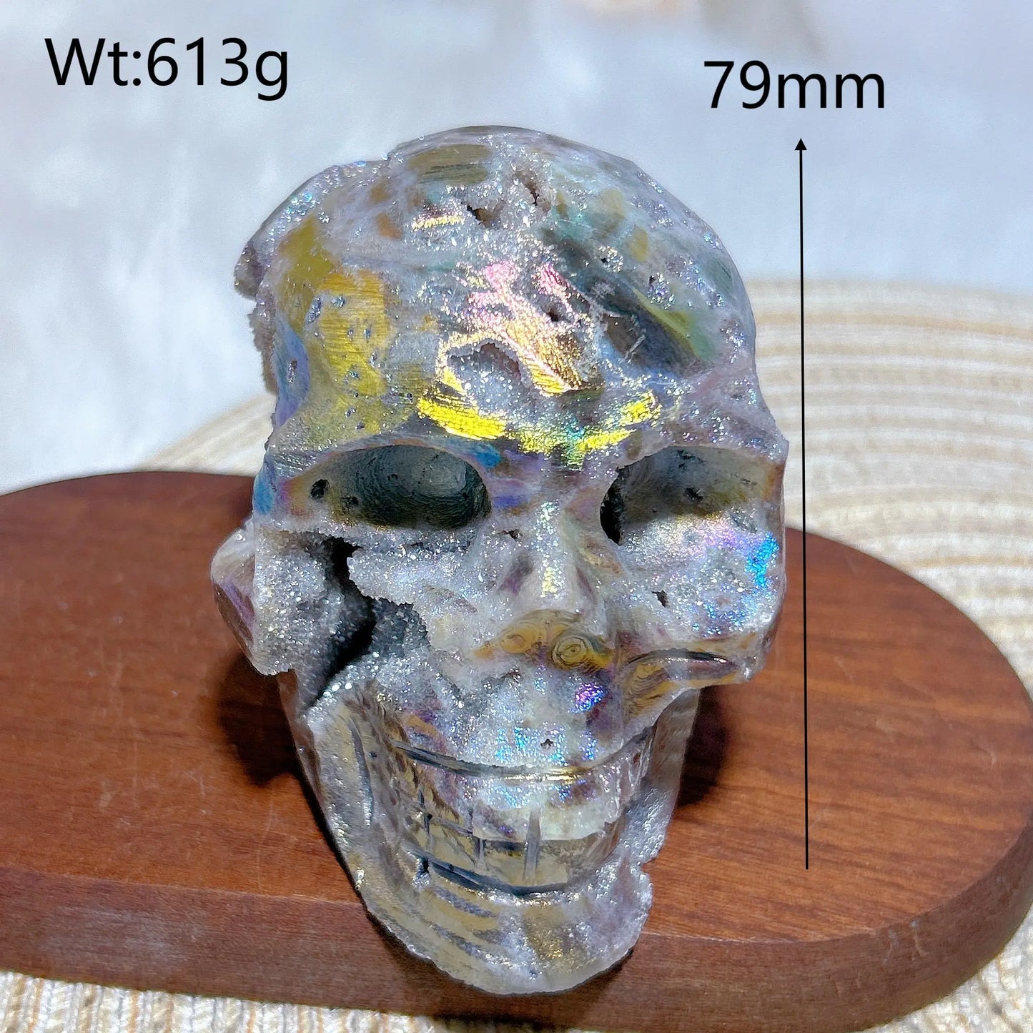 Colorful Aura Crystal Skull ā Natural Druzy Geode for Spiritual Healing & Unique Home Decoration