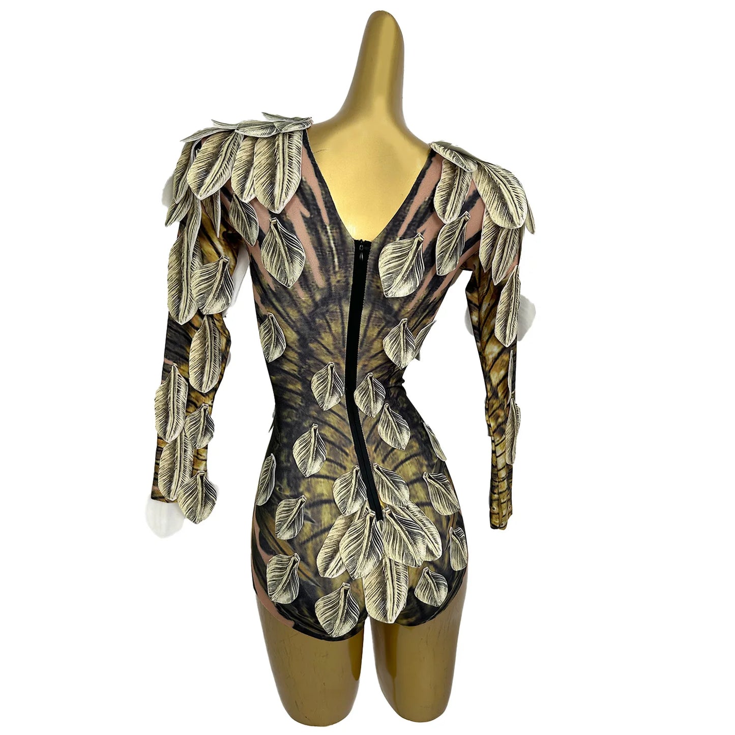 Spandex Feather Print Tight Fitting Elastic Bodysuit Night Party Outfit Festival Celebrate Stage Performance Catsuit gig Wear