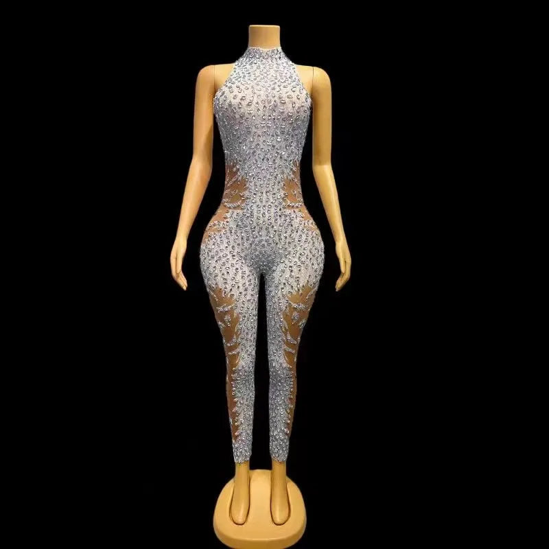 Sexy Stage Sleeveless Silver Rhinestones Mesh Transparent Jumpsuit Birthday Celebrate Evening Club Party Photo Shoot Costume