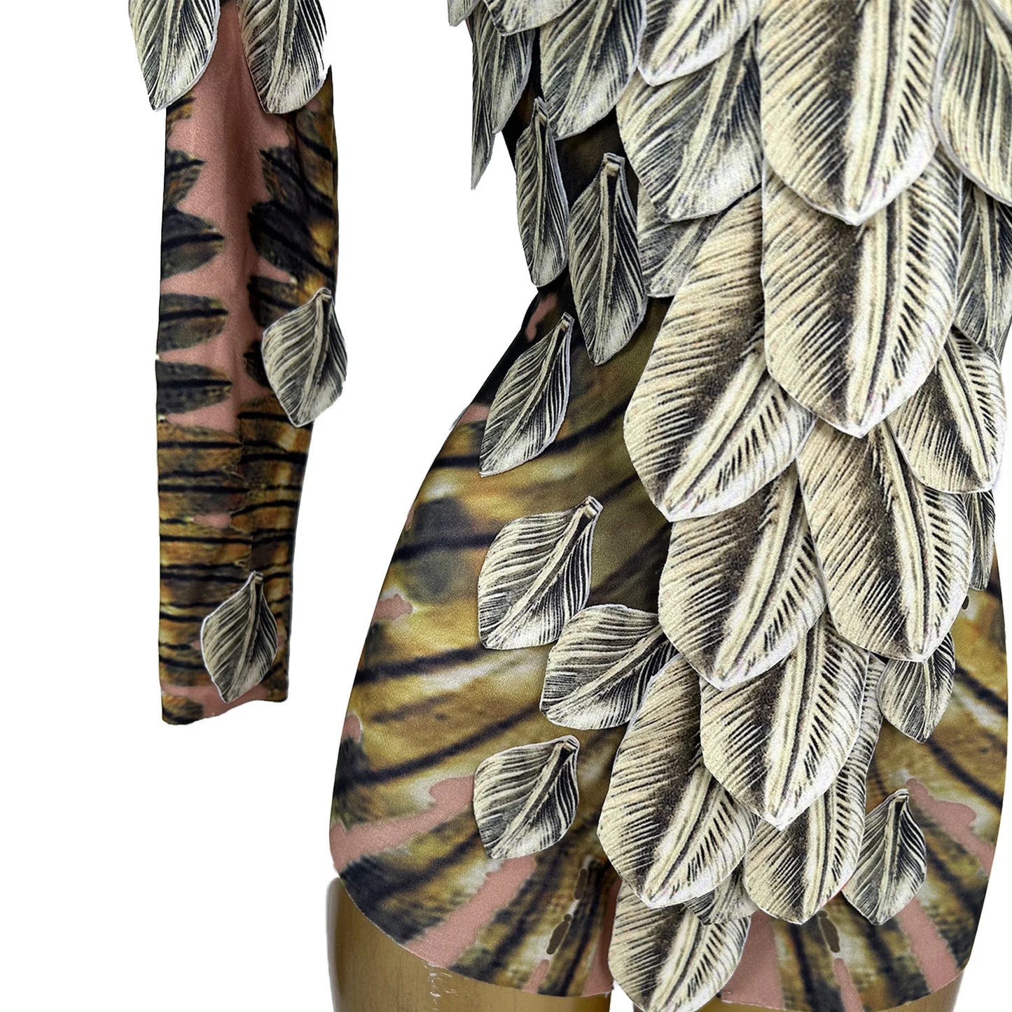 Spandex Feather Print Tight Fitting Elastic Bodysuit Night Party Outfit Festival Celebrate Stage Performance Catsuit gig Wear