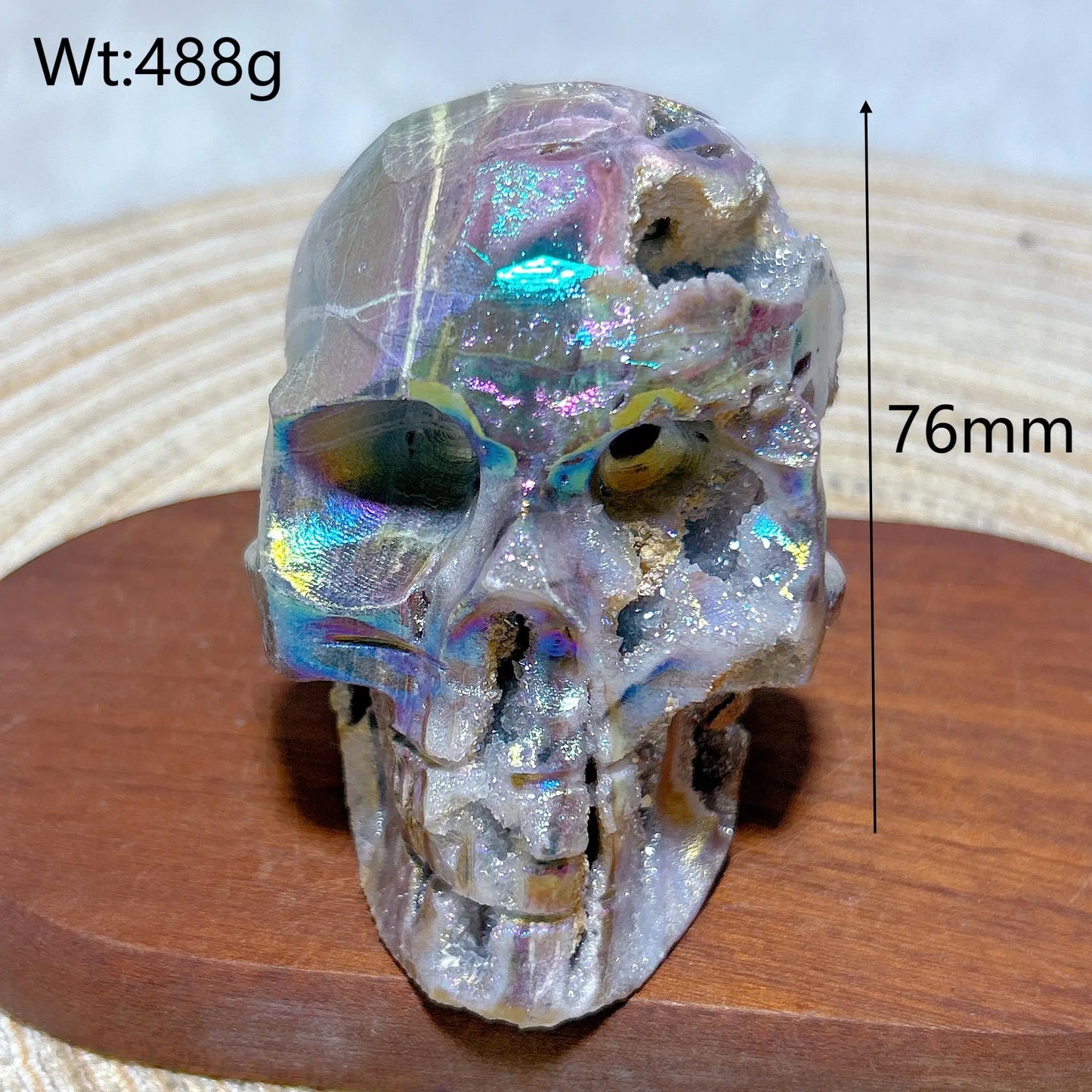 Colorful Aura Crystal Skull ā Natural Druzy Geode for Spiritual Healing & Unique Home Decoration