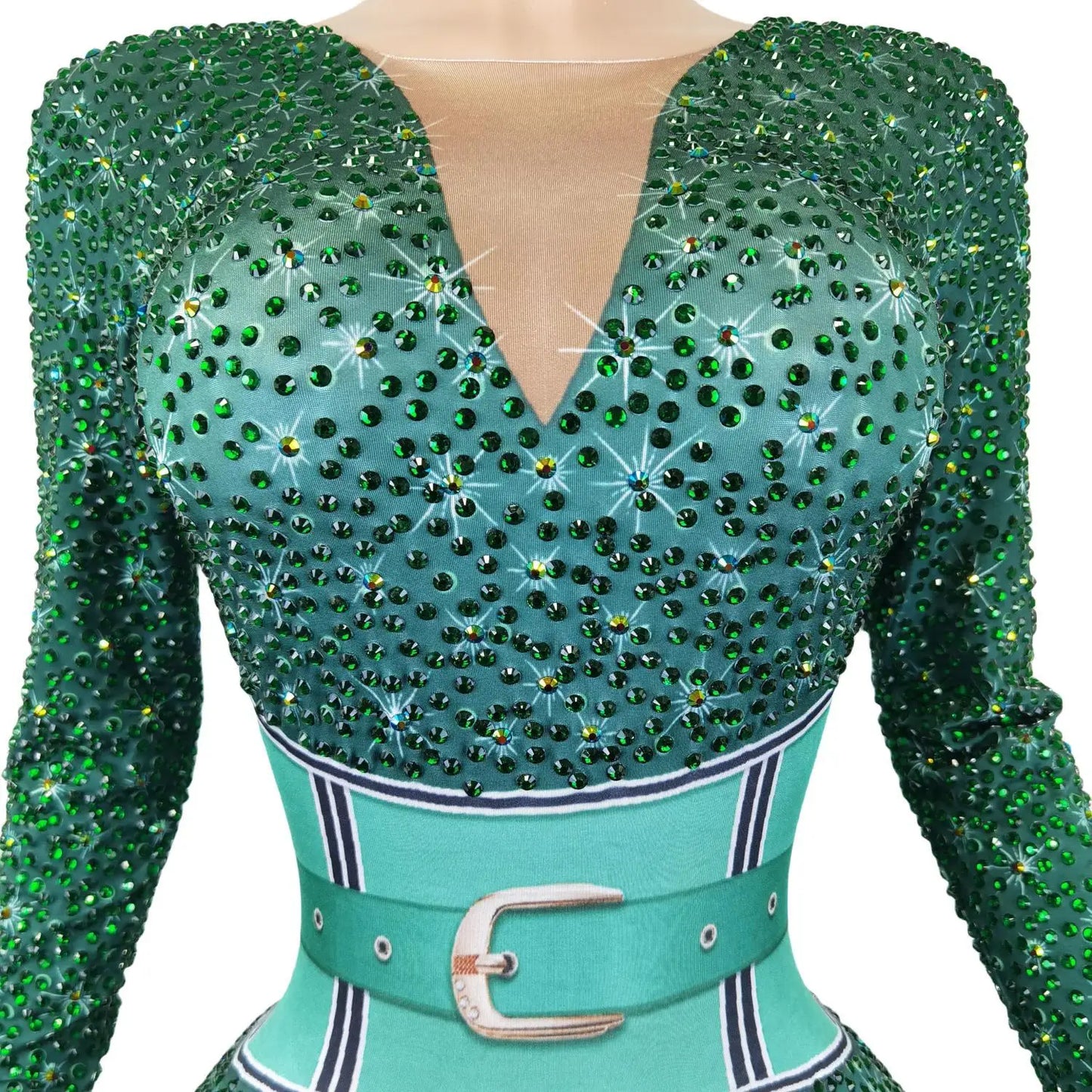 Mono Mujer Belt Print Spandex Bodysuit Stripper Outfit Dancer Leotards One Piece Rompers Women Sexy Party Rhinestone Jumpsuits