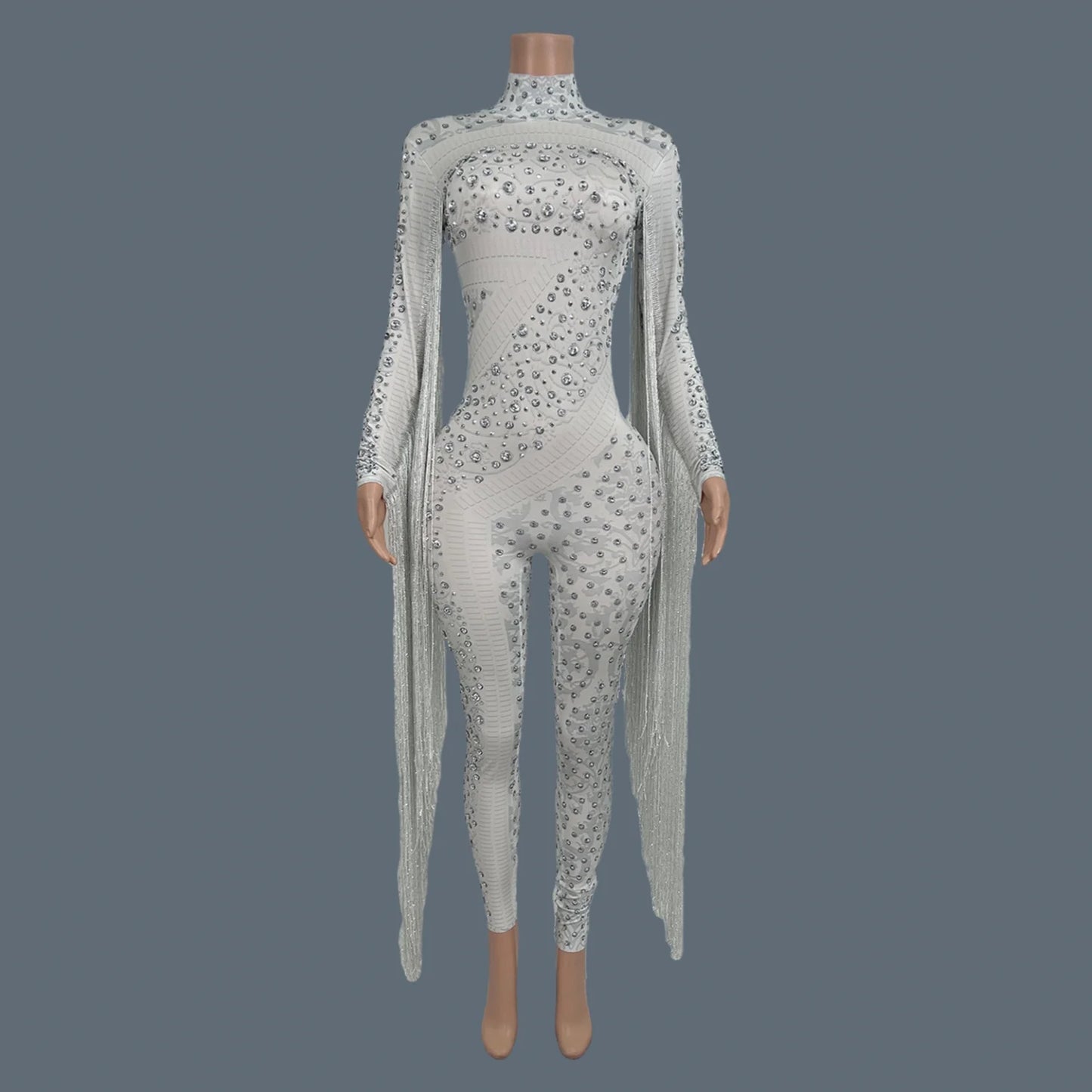 Women Sexy Spandex Tight Fitting Jumpsuit Sparkly Crystals Tassel Jumpsuit Nightclub Celebrate Bar Performance Outfit Guoqing