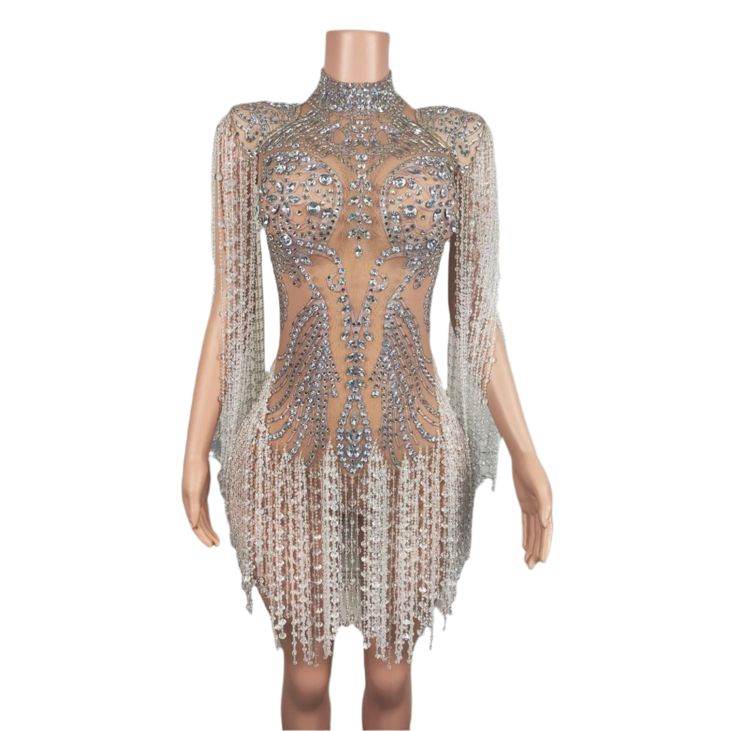 Fancy Crystals Tassel Bodysuit Luxury Sexy See Through Mesh Leotard Nightclub Event Party Show Stage Performance Wear Hanshuang