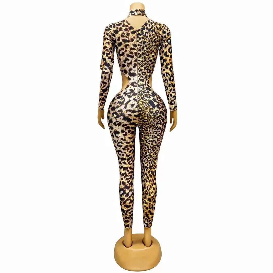 Sexy Stage Leopard Gold Rhinestones Bodysuit Spandex Hollow Waist Jumpsuit Outfit Birthday Party Dance Photoshoot Collections