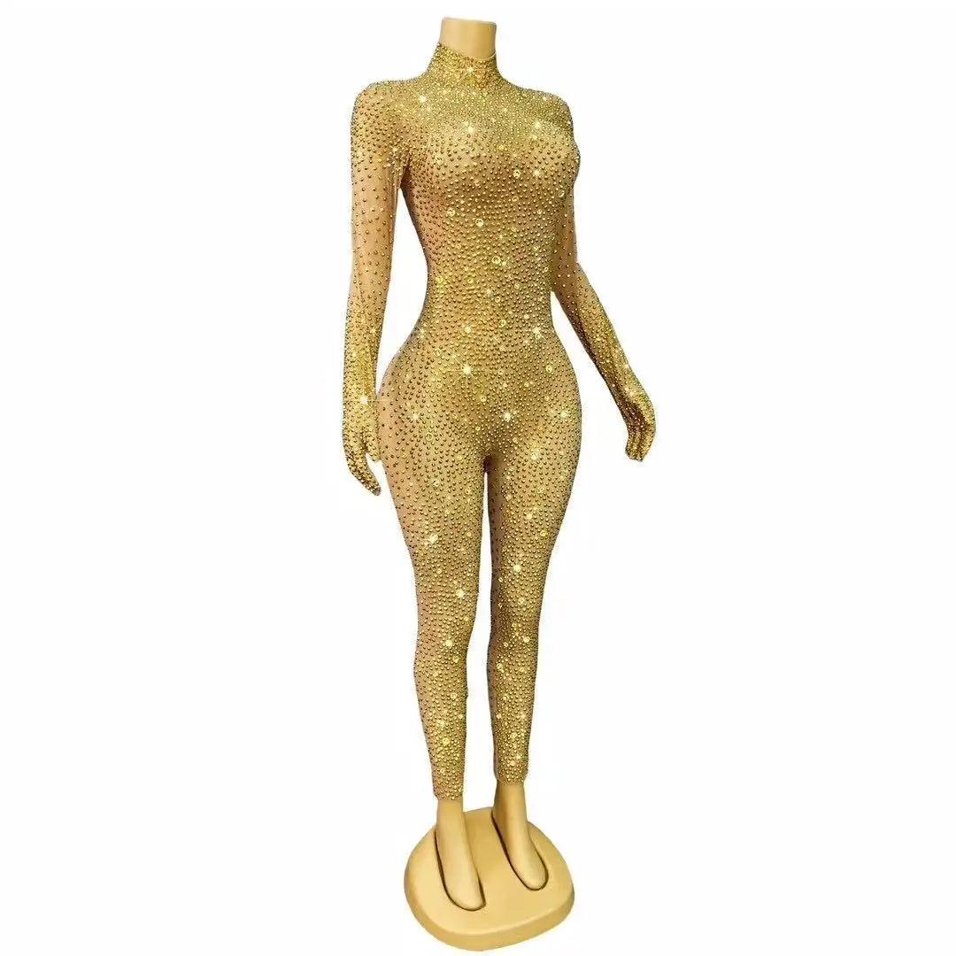Luxury Gold Sparkly Full Rhinestones Handmade Bodysuit Birthday Party Show Fashion Outit Singer Dancer Performance Stage Wear