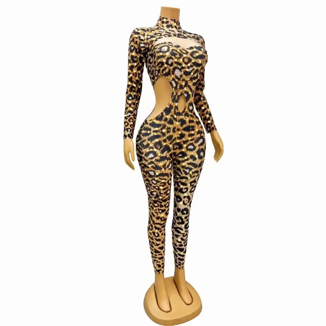 Sexy Stage Leopard Gold Rhinestones Bodysuit Spandex Hollow Waist Jumpsuit Outfit Birthday Party Dance Photoshoot Collections