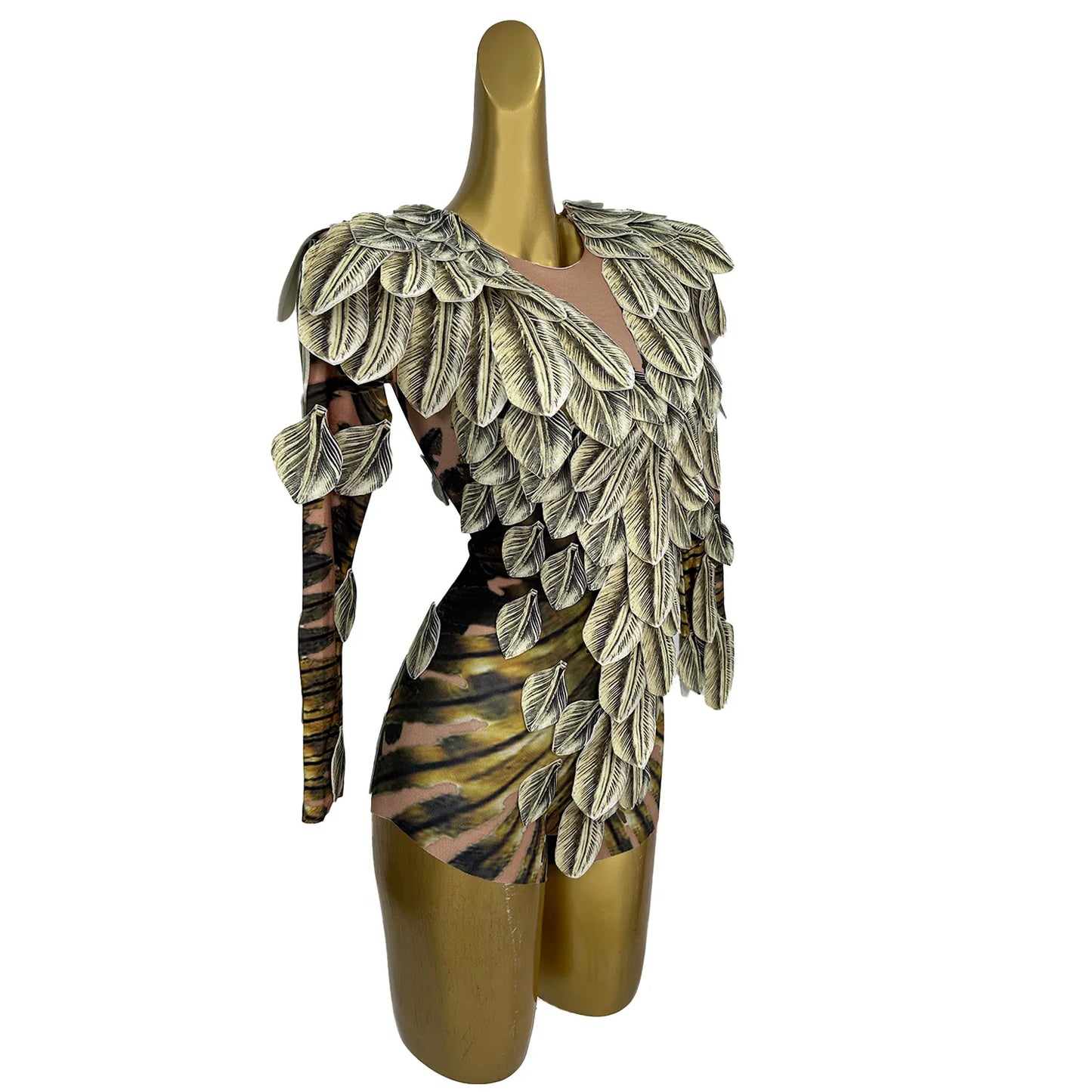 Spandex Feather Print Tight Fitting Elastic Bodysuit Night Party Outfit Festival Celebrate Stage Performance Catsuit gig Wear