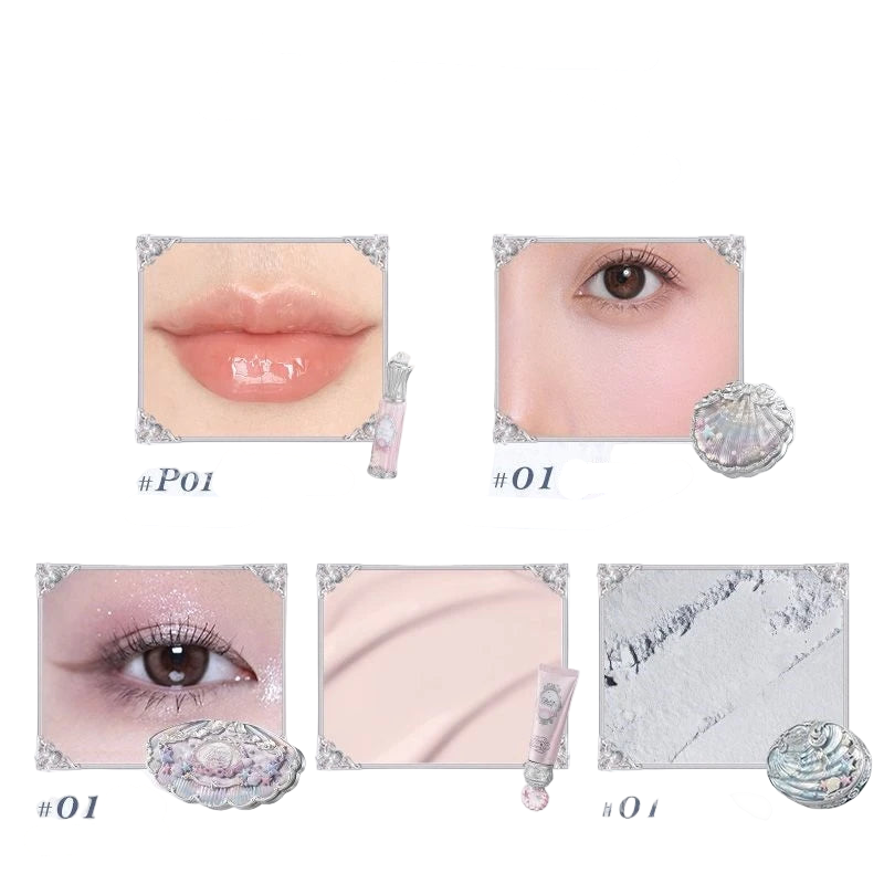 5pcs/set 2025 New Flower Knows Shells Pearl Series Lip gloss Eyeshadow Powder Blush Face Primer Base Makeup Set