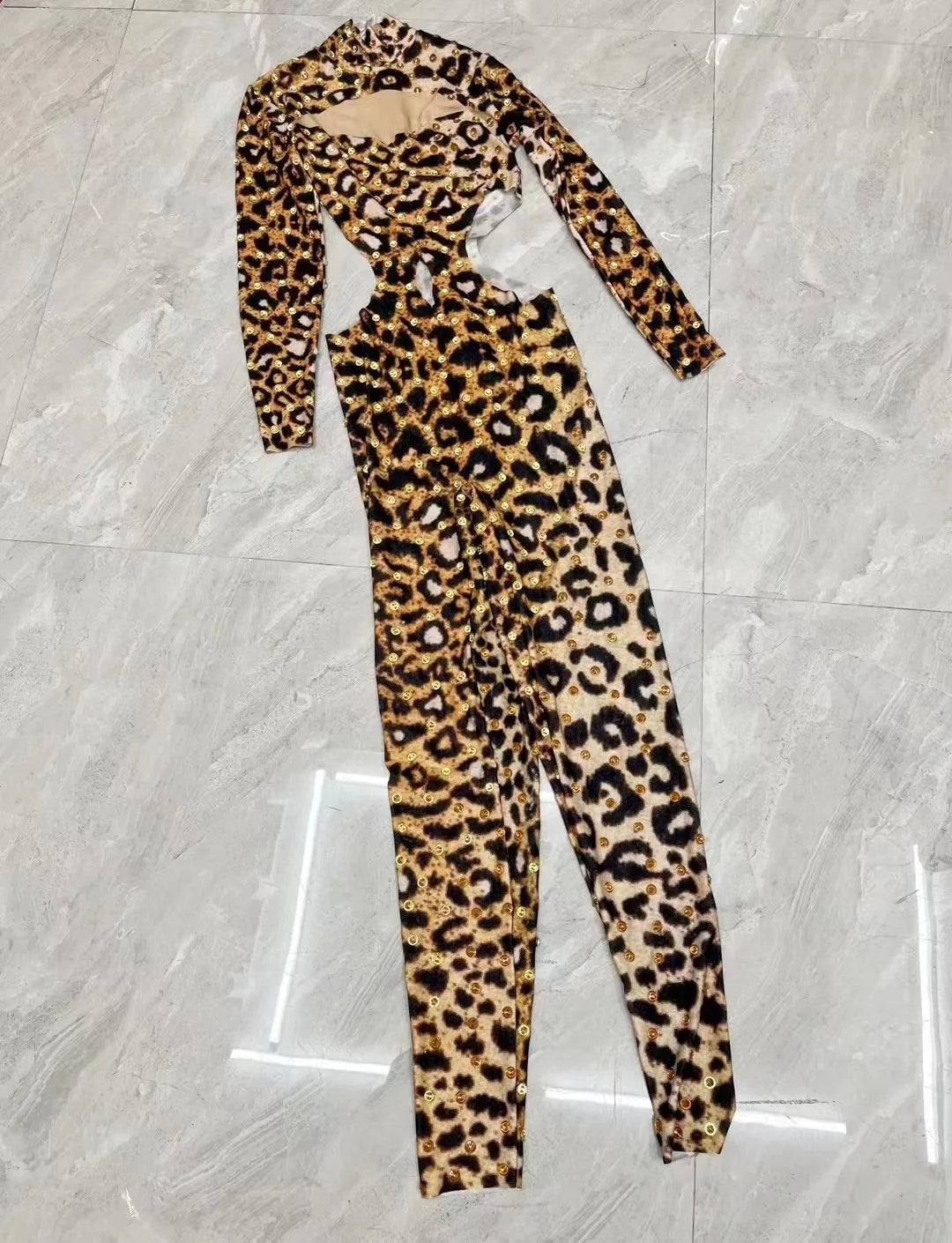 Sexy Stage Leopard Gold Rhinestones Bodysuit Spandex Hollow Waist Jumpsuit Outfit Birthday Party Dance Photoshoot Collections