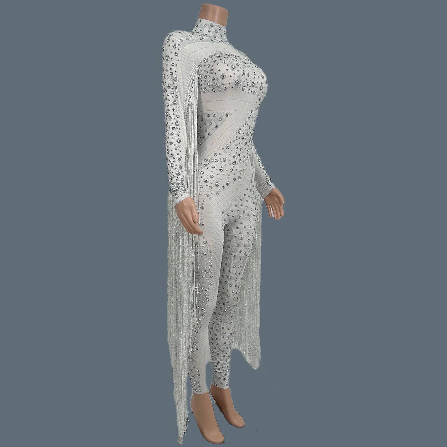 Women Sexy Spandex Tight Fitting Jumpsuit Sparkly Crystals Tassel Jumpsuit Nightclub Celebrate Bar Performance Outfit Guoqing