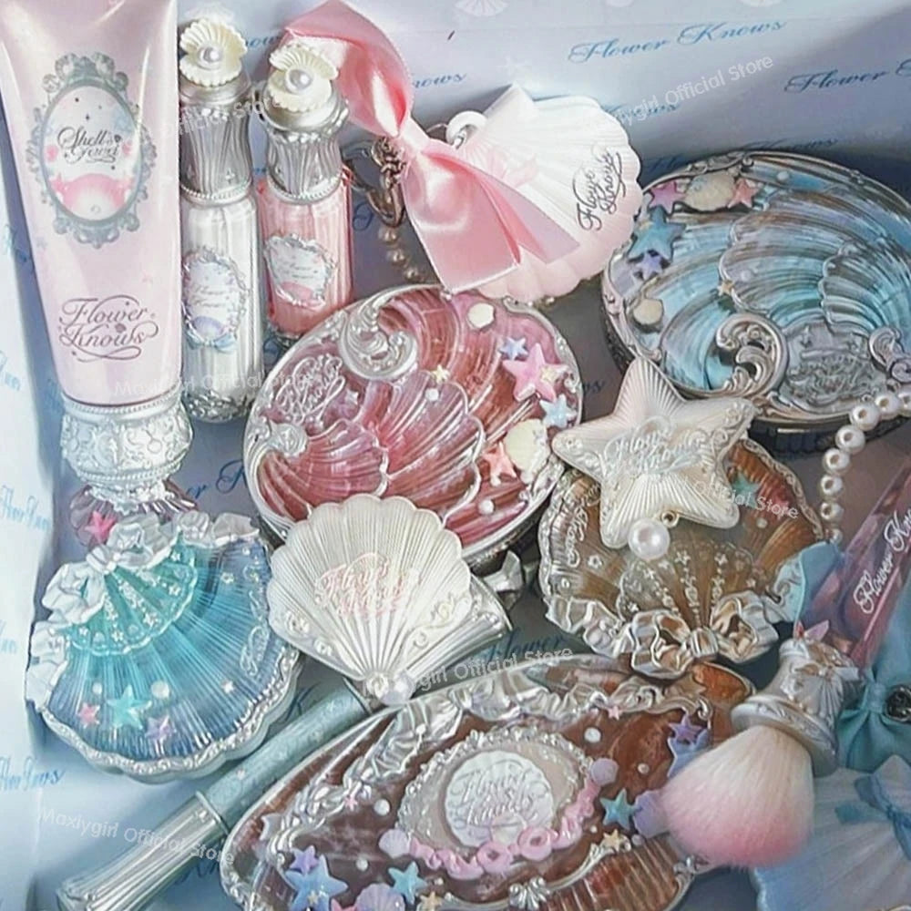 5pcs/set 2025 New Flower Knows Shells Pearl Series Lip gloss Eyeshadow Powder Blush Face Primer Base Makeup Set