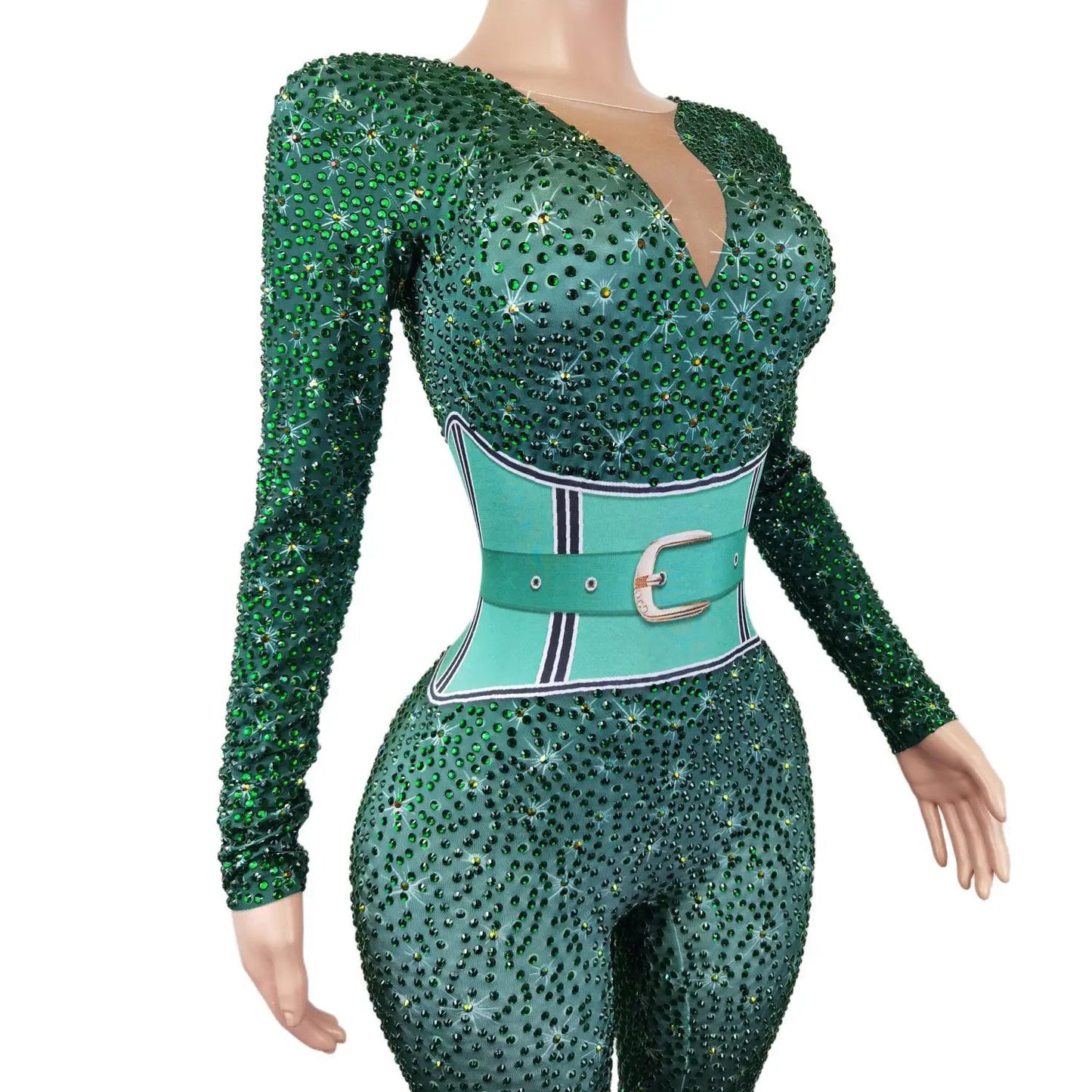 Mono Mujer Belt Print Spandex Bodysuit Stripper Outfit Dancer Leotards One Piece Rompers Women Sexy Party Rhinestone Jumpsuits