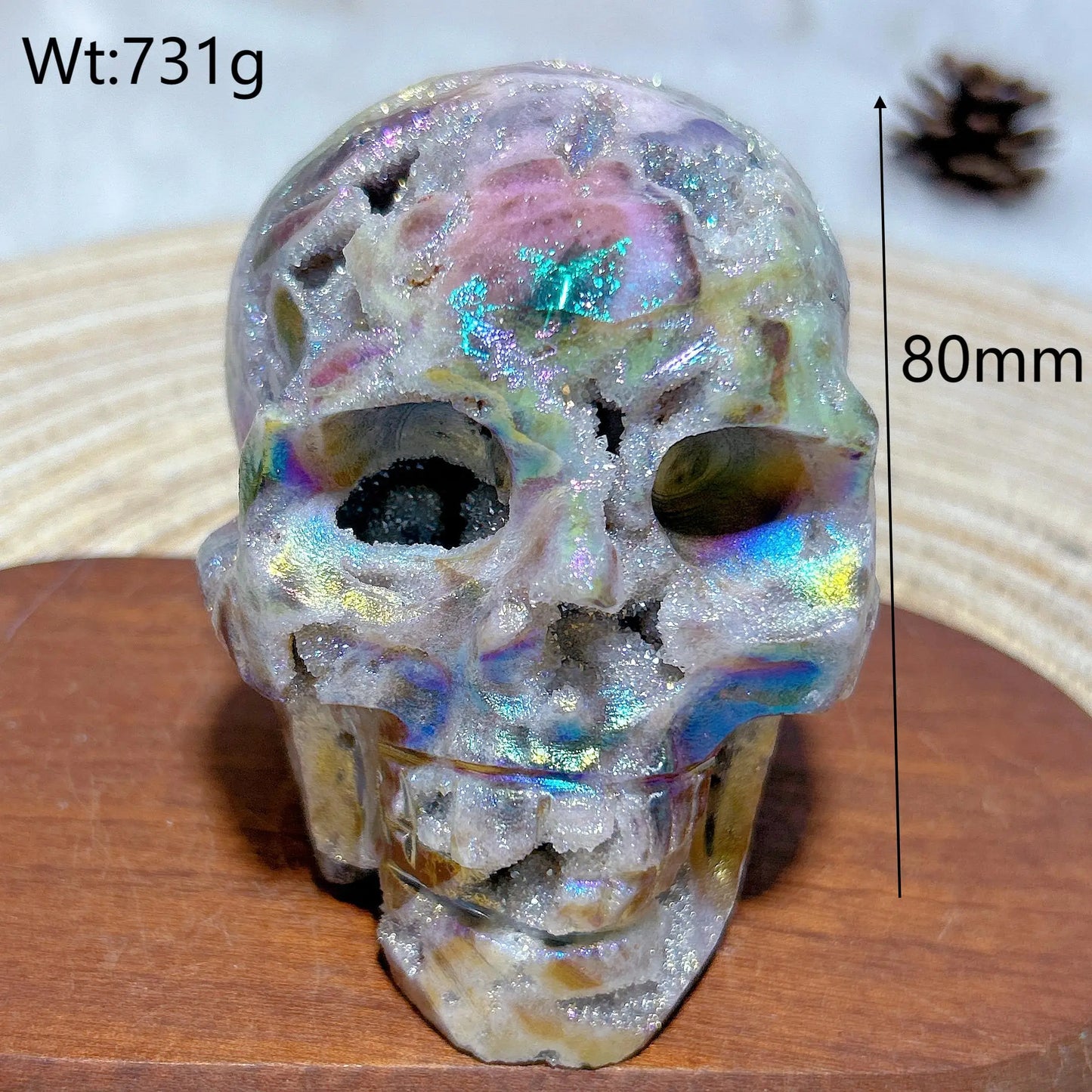 Colorful Aura Crystal Skull ā Natural Druzy Geode for Spiritual Healing & Unique Home Decoration