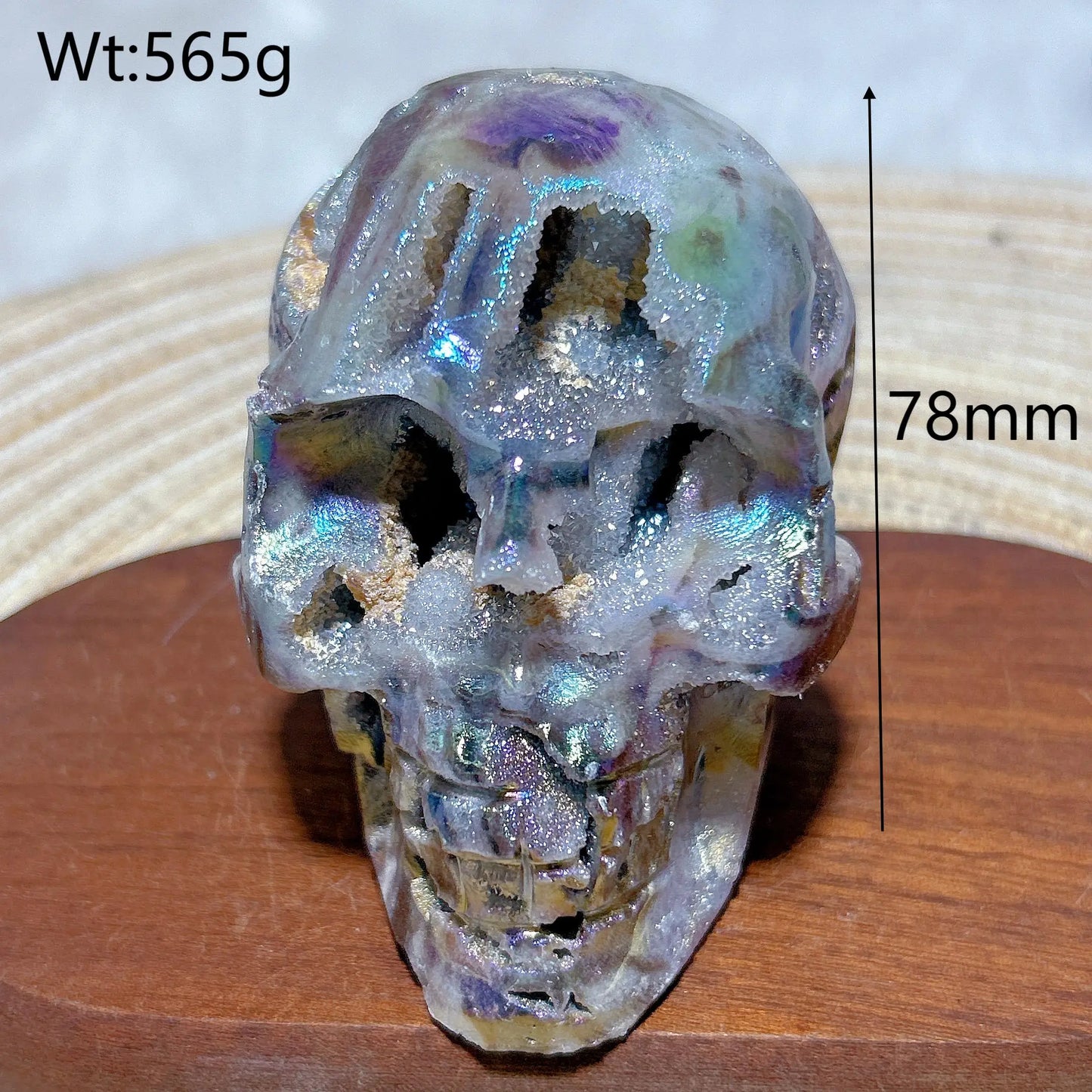 Colorful Aura Crystal Skull ā Natural Druzy Geode for Spiritual Healing & Unique Home Decoration