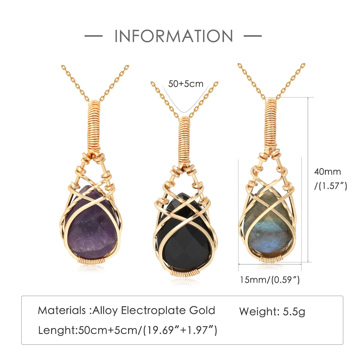 Natural Stone Crystal Teardrop Pendant Necklace – Elegant Women’s Jewelry, Stainless Steel Chain Gift